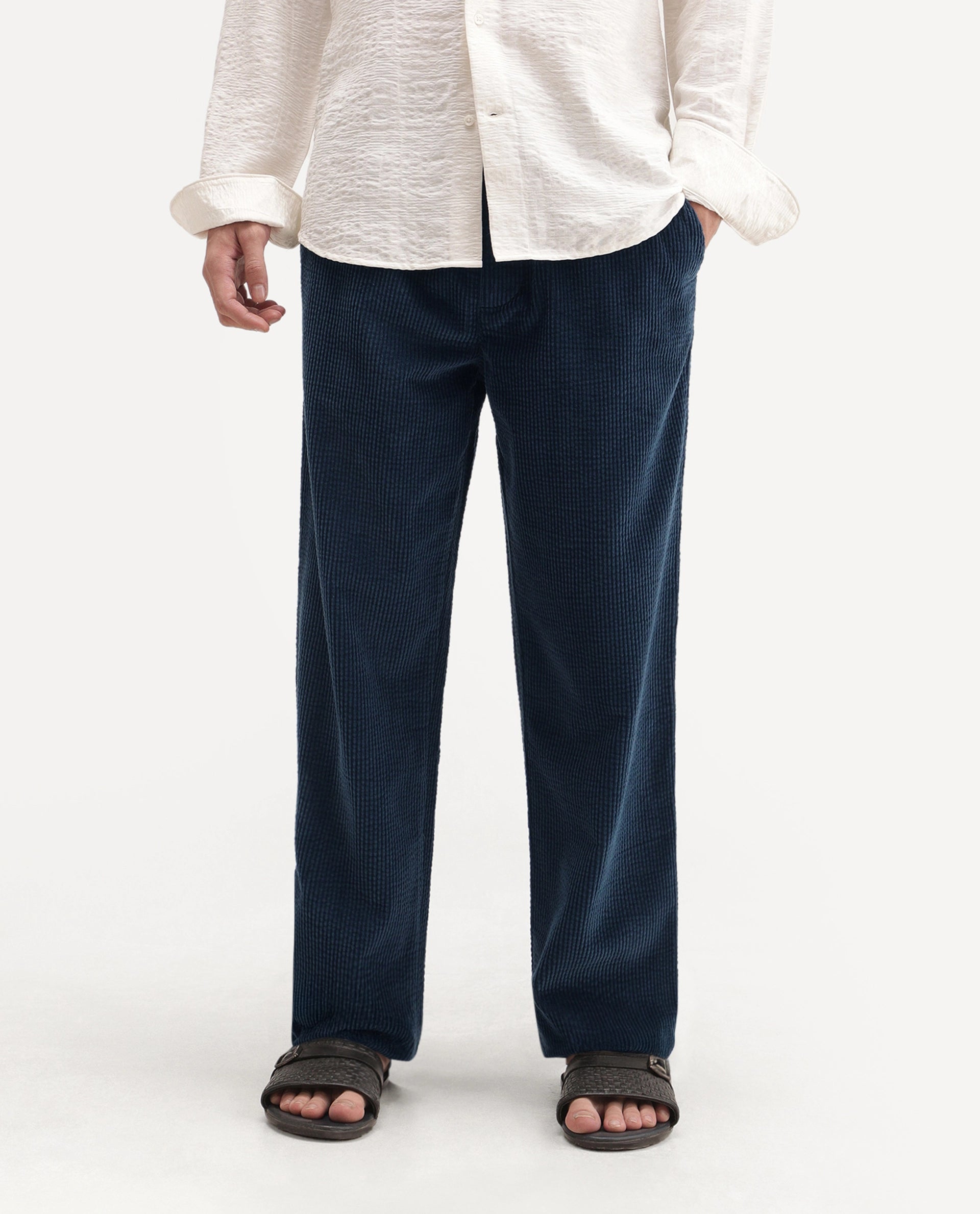 Rare Rabbit Men's Cort Dark Navy Cotton Drawstring Regular Fit Plain Trouser
