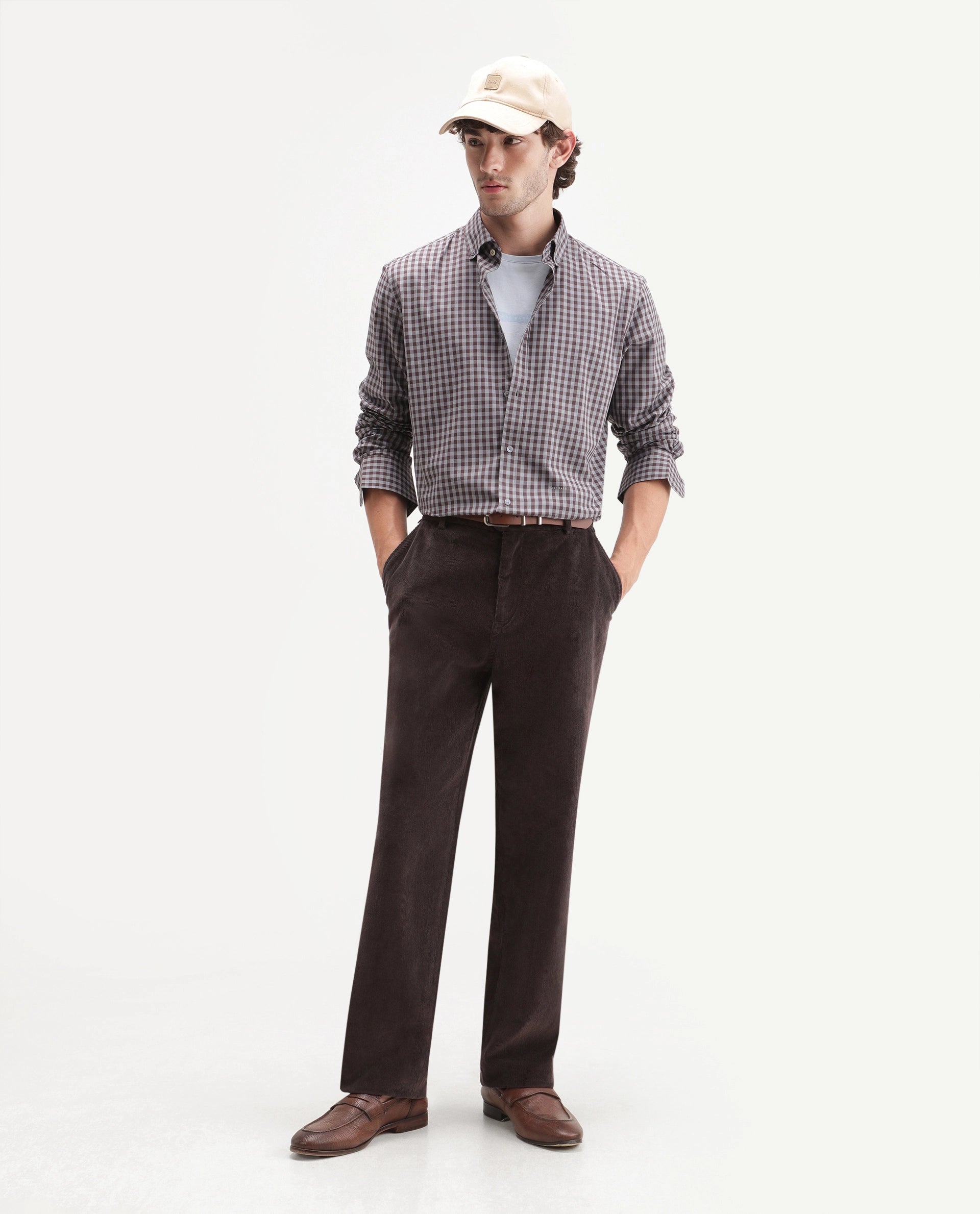 Rare Rabbit Men's Cordo Dark Brown Cotton Blend Button And Zip Regular Plain Trouser