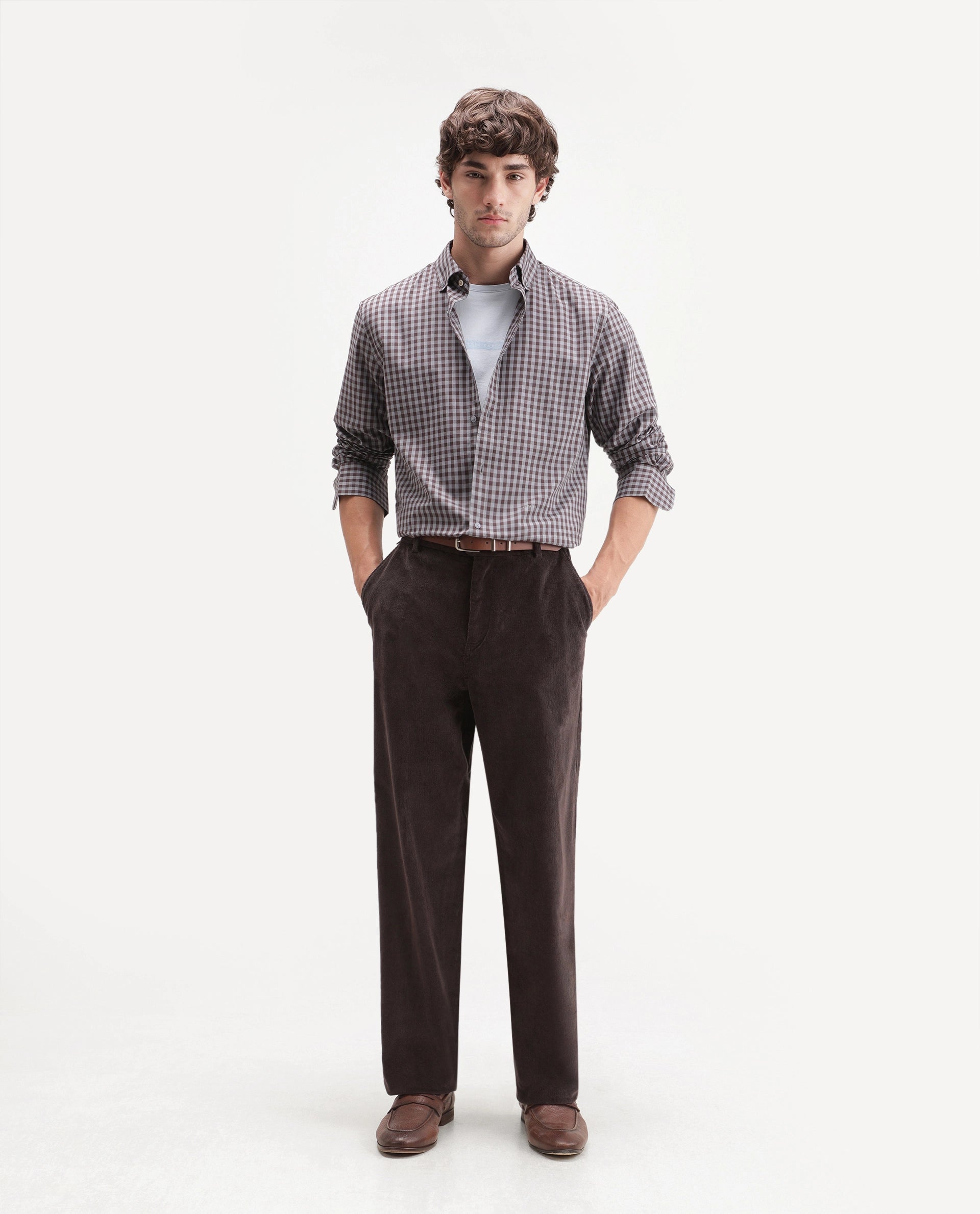 Rare Rabbit Men's Cordo Dark Brown Cotton Blend Button And Zip Regular Plain Trouser