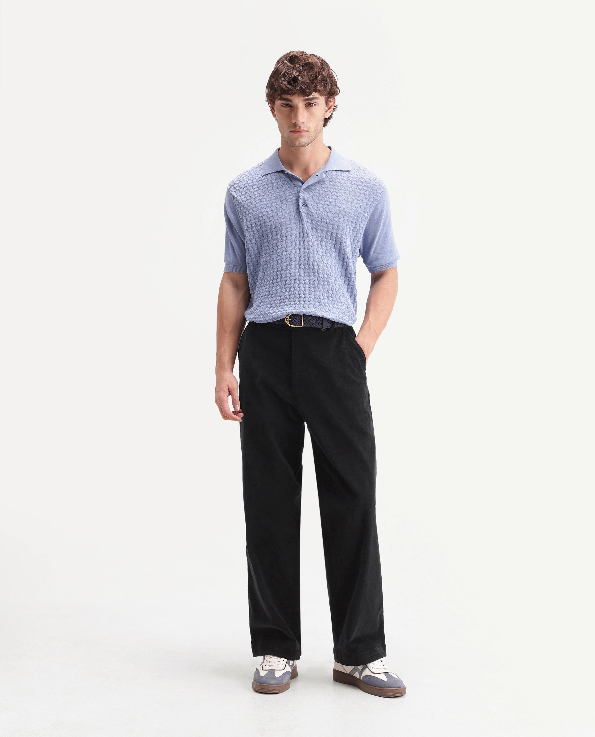 Rare Rabbit Men's Cordo Primary Black Cotton Blend Button And Zip Regular Plain Trouser