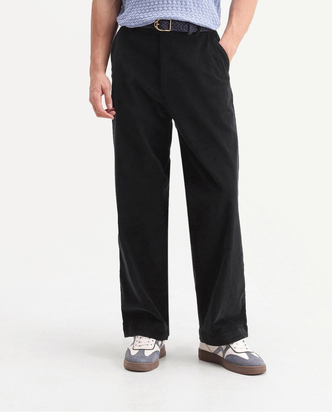 Rare Rabbit Men's Cordo Primary Black Cotton Blend Button And Zip Regular Plain Trouser