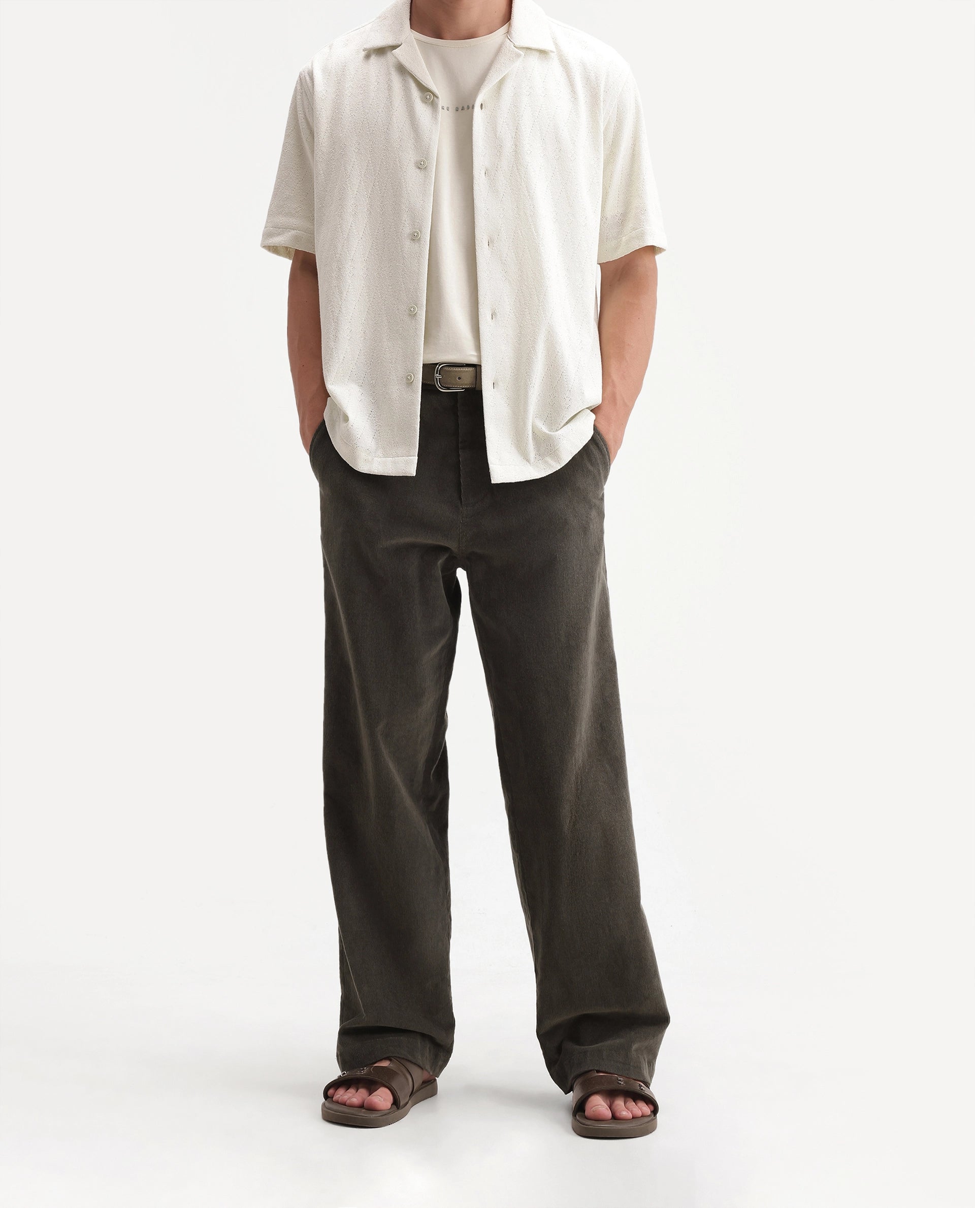 Rare Rabbit Men's Cordo Primary Olive Cotton Blend Button And Zip Regular Plain Trouser
