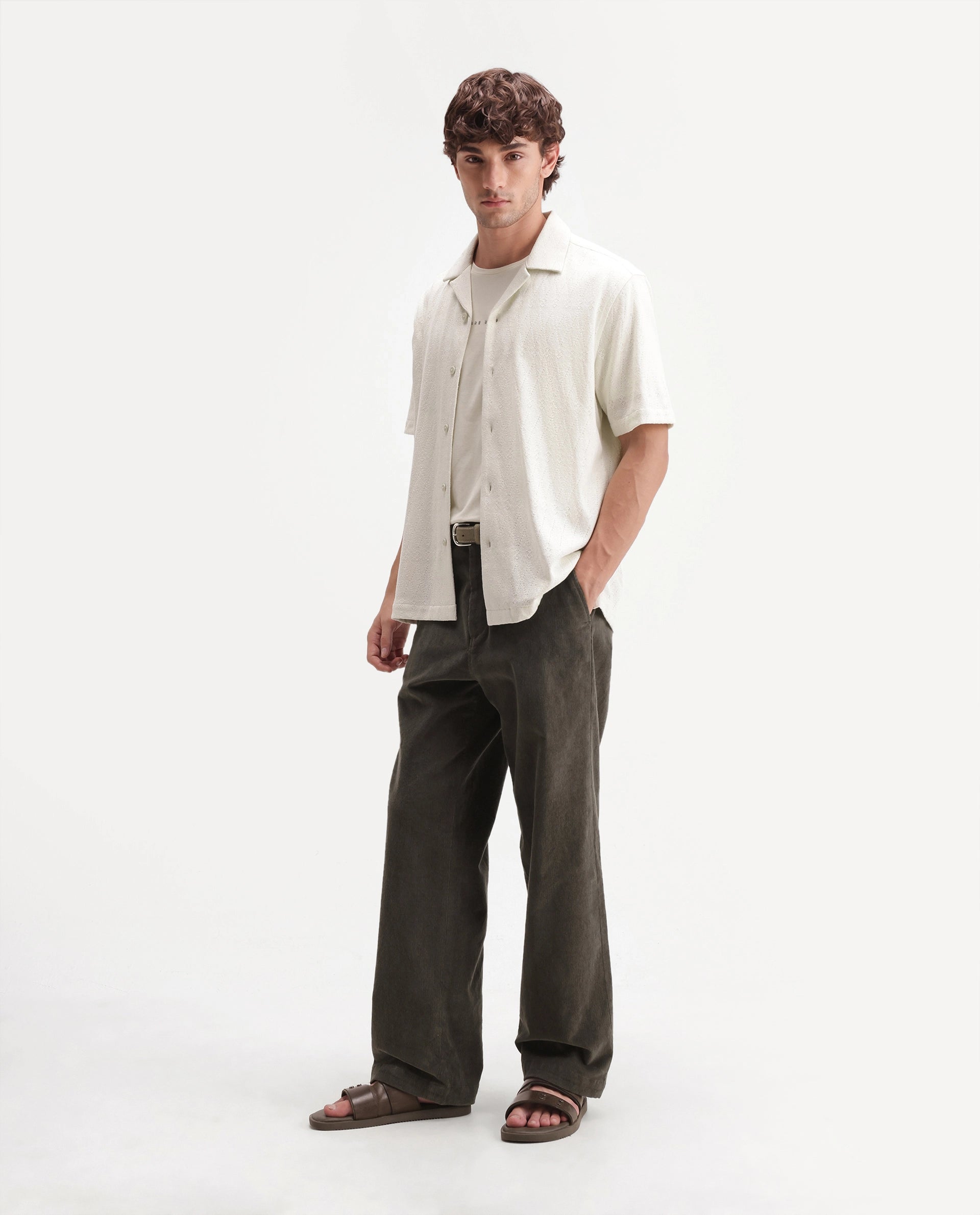 Rare Rabbit Men's Cordo Primary Olive Cotton Blend Button And Zip Regular Plain Trouser
