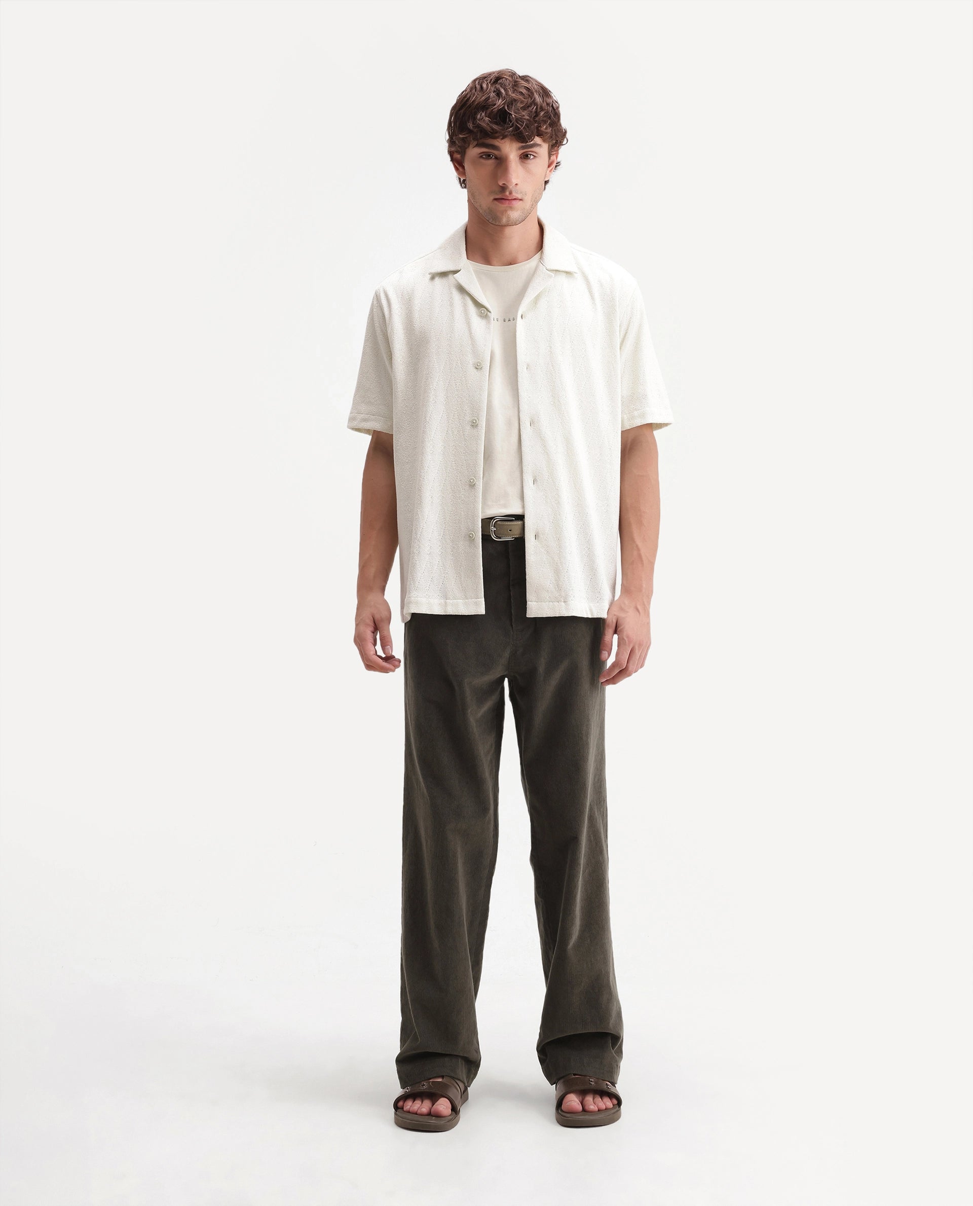 Rare Rabbit Men's Cordo Primary Olive Cotton Blend Button And Zip Regular Plain Trouser