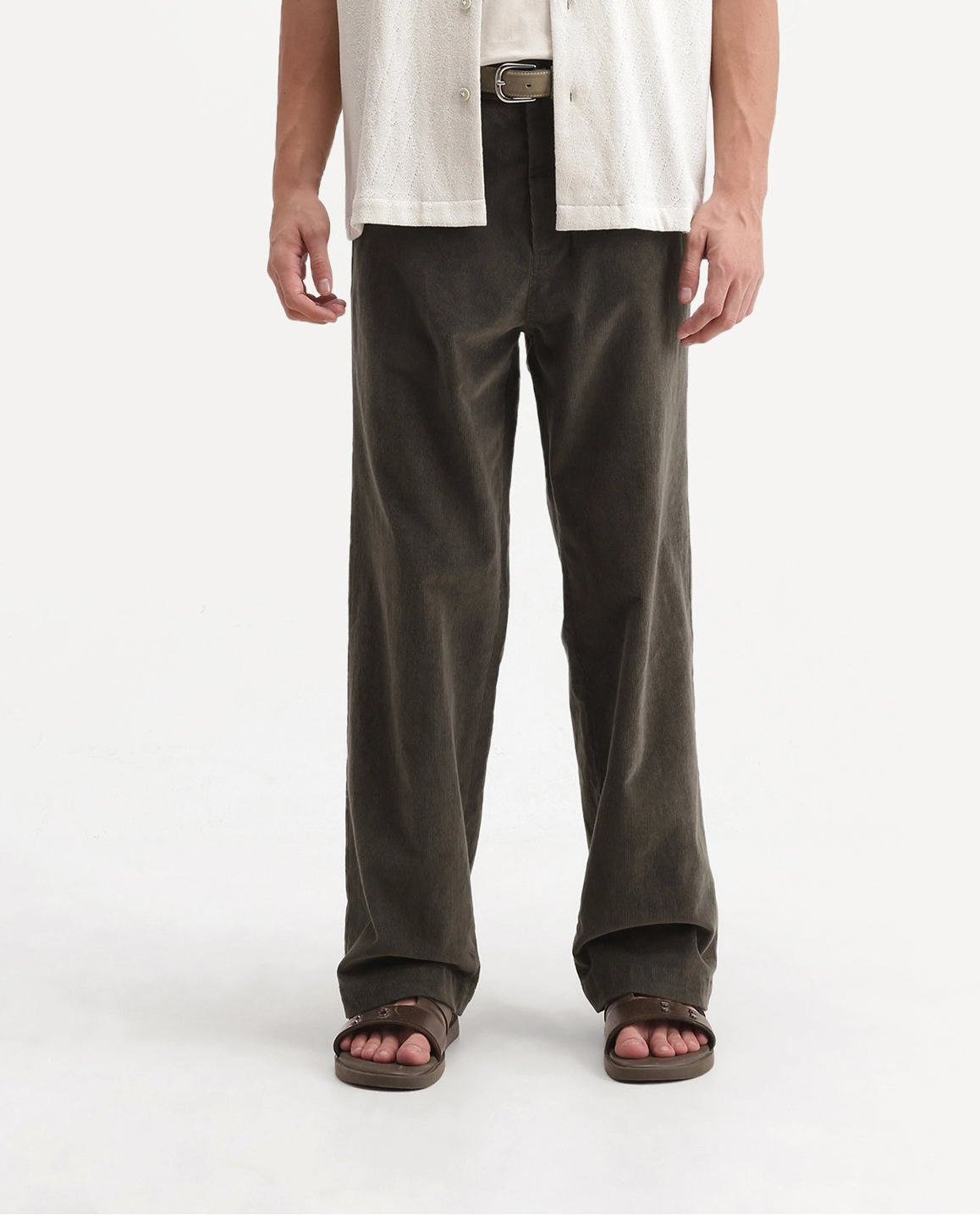 Rare Rabbit Men's Cordo Primary Olive Cotton Blend Button And Zip Regular Plain Trouser