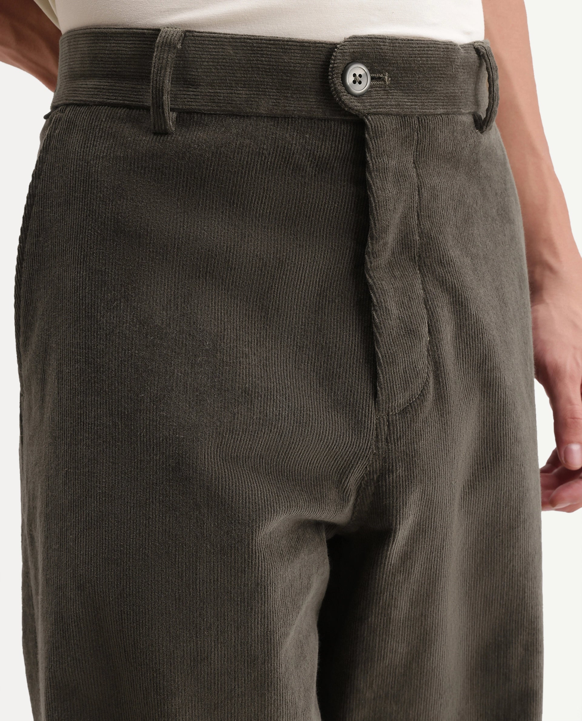 Rare Rabbit Men's Cordo Primary Olive Cotton Blend Button And Zip Regular Plain Trouser