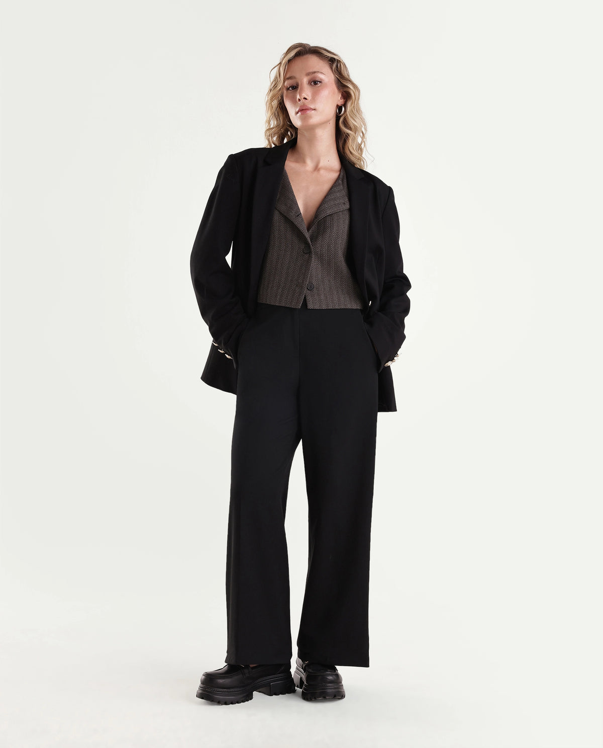 Rareism Women's Widraw Primary Black Polyester Blend Button And Zip Wide Leg Plain Trouser