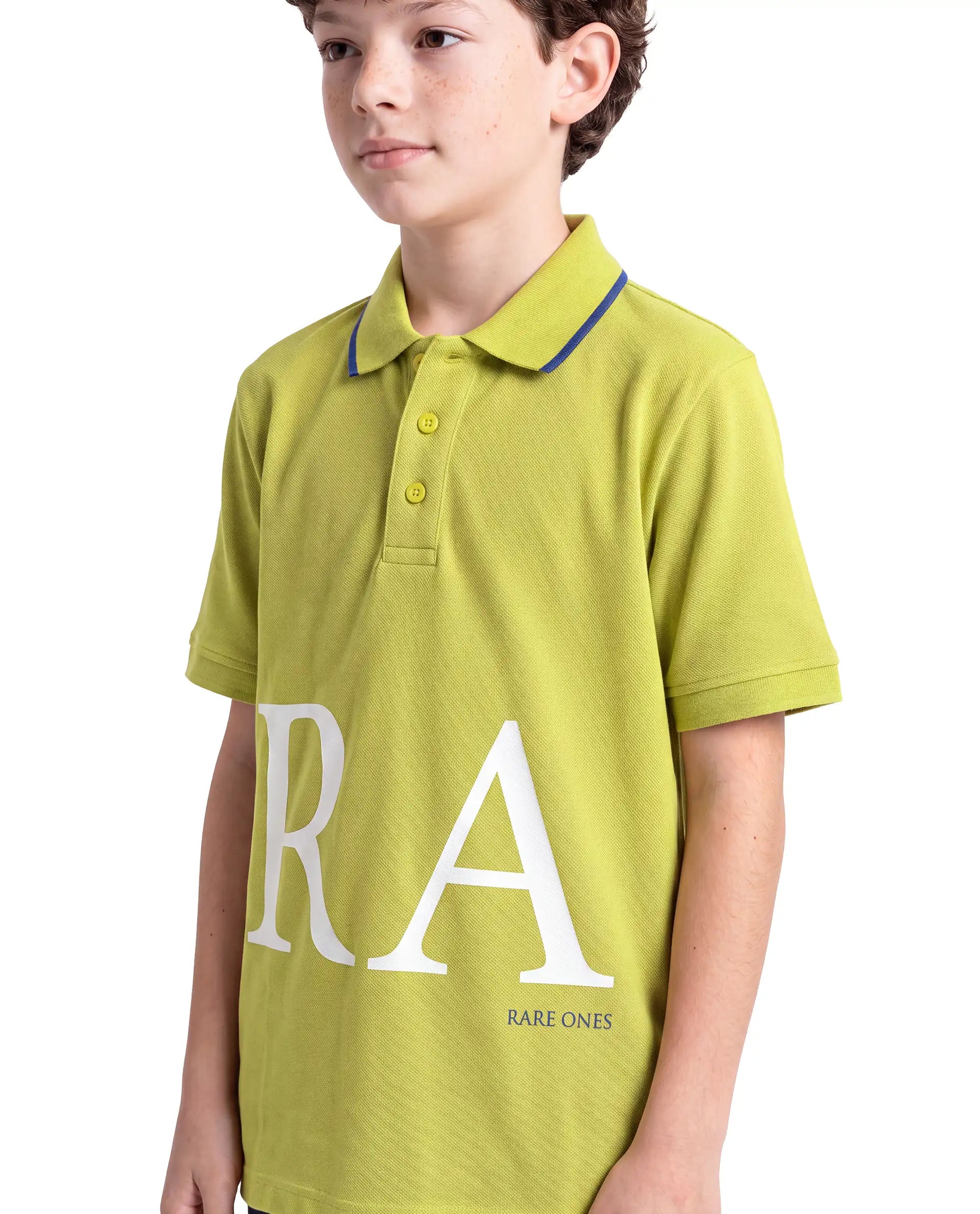 Rare Ones Kids Rovon Fluorescent Yellow Cotton Blend Fabric Button Closure Regular Fit Graphic Print Polo