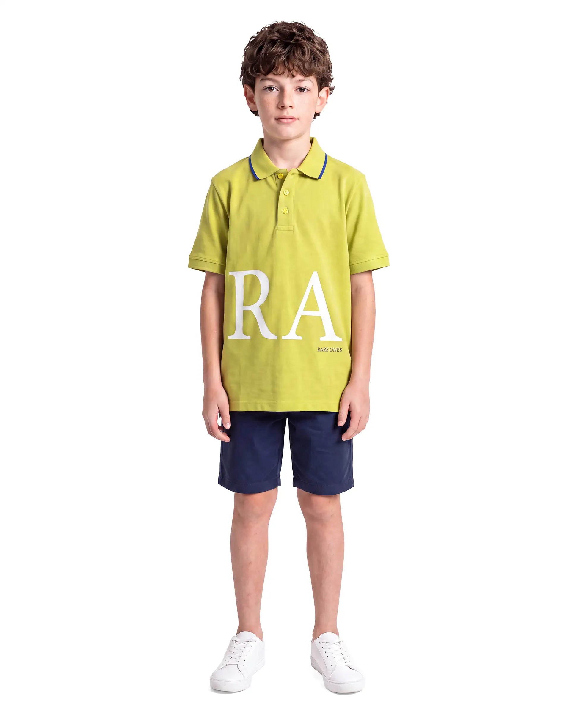 Rare Ones Kids Rovon Fluorescent Yellow Cotton Blend Fabric Button Closure Regular Fit Graphic Print Polo