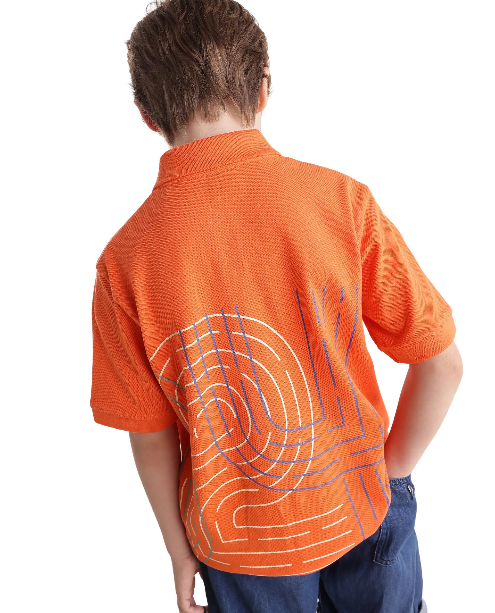 Rare Ones Kids Haus Orange Cotton Blend Fabric Button Closure Regular Fit Graphic Print Polo