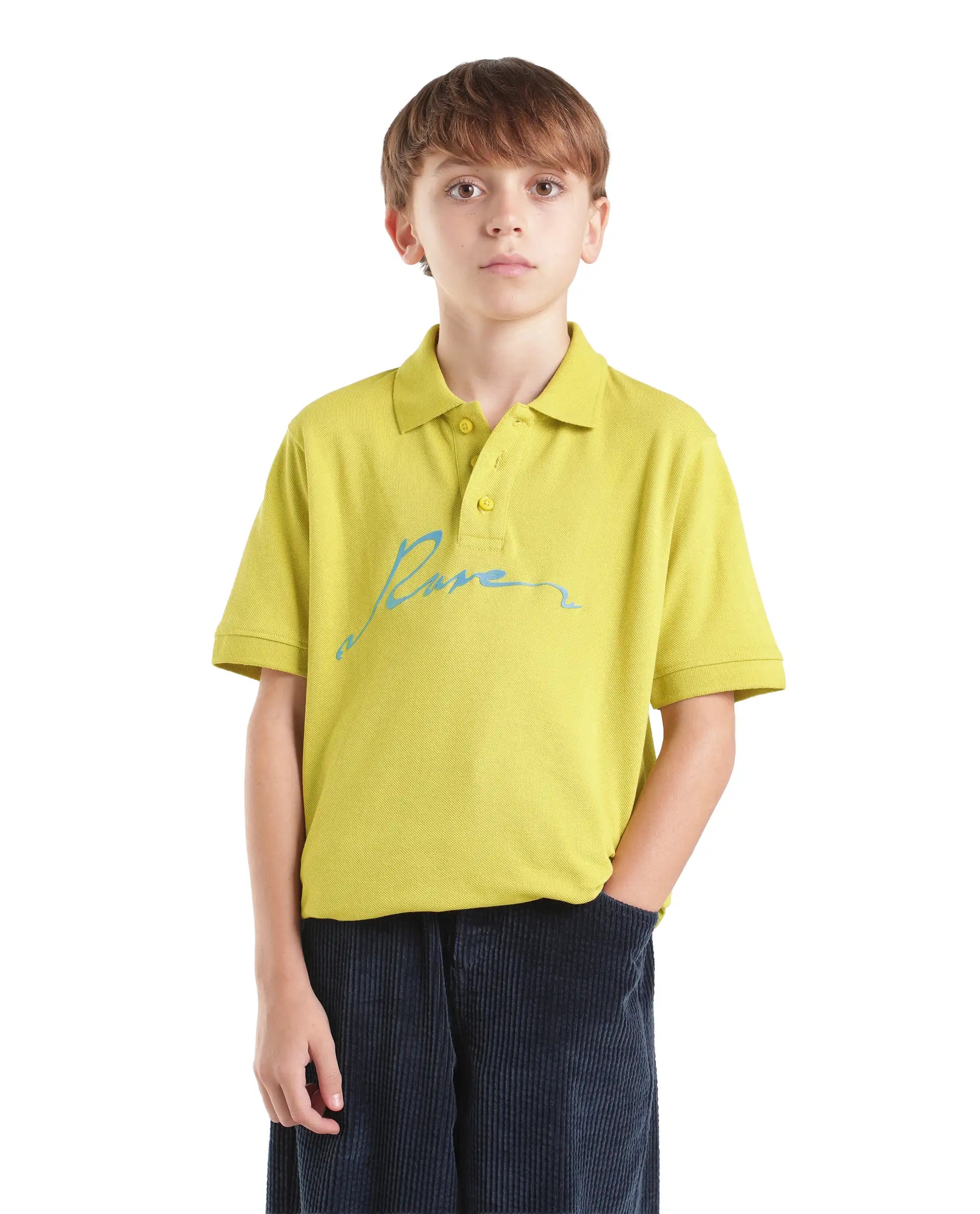 Rare Ones Kids Aviro Fluorescent Yellow Cotton Blend Fabric Button Closure Regular Fit Graphic Print Polo