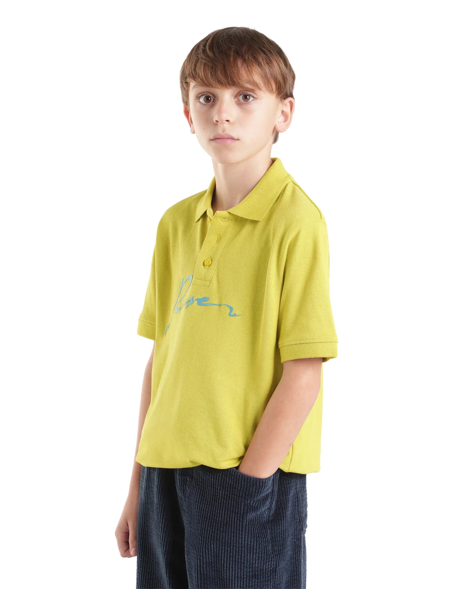 Rare Ones Kids Aviro Fluorescent Yellow Cotton Blend Fabric Button Closure Regular Fit Graphic Print Polo