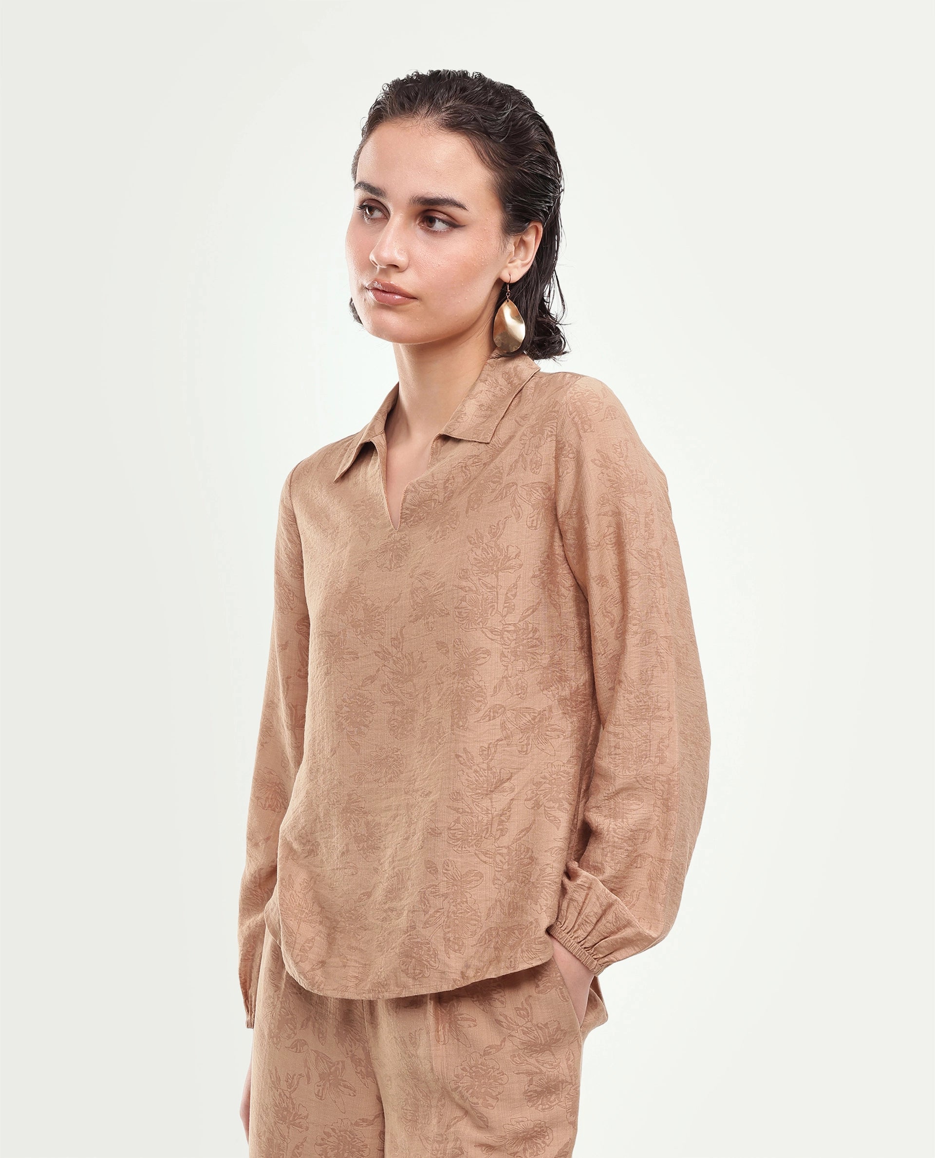 Rareism Women's Yev-T Light Brown Floral Viscose Blend Regular Long Sleeves Top
