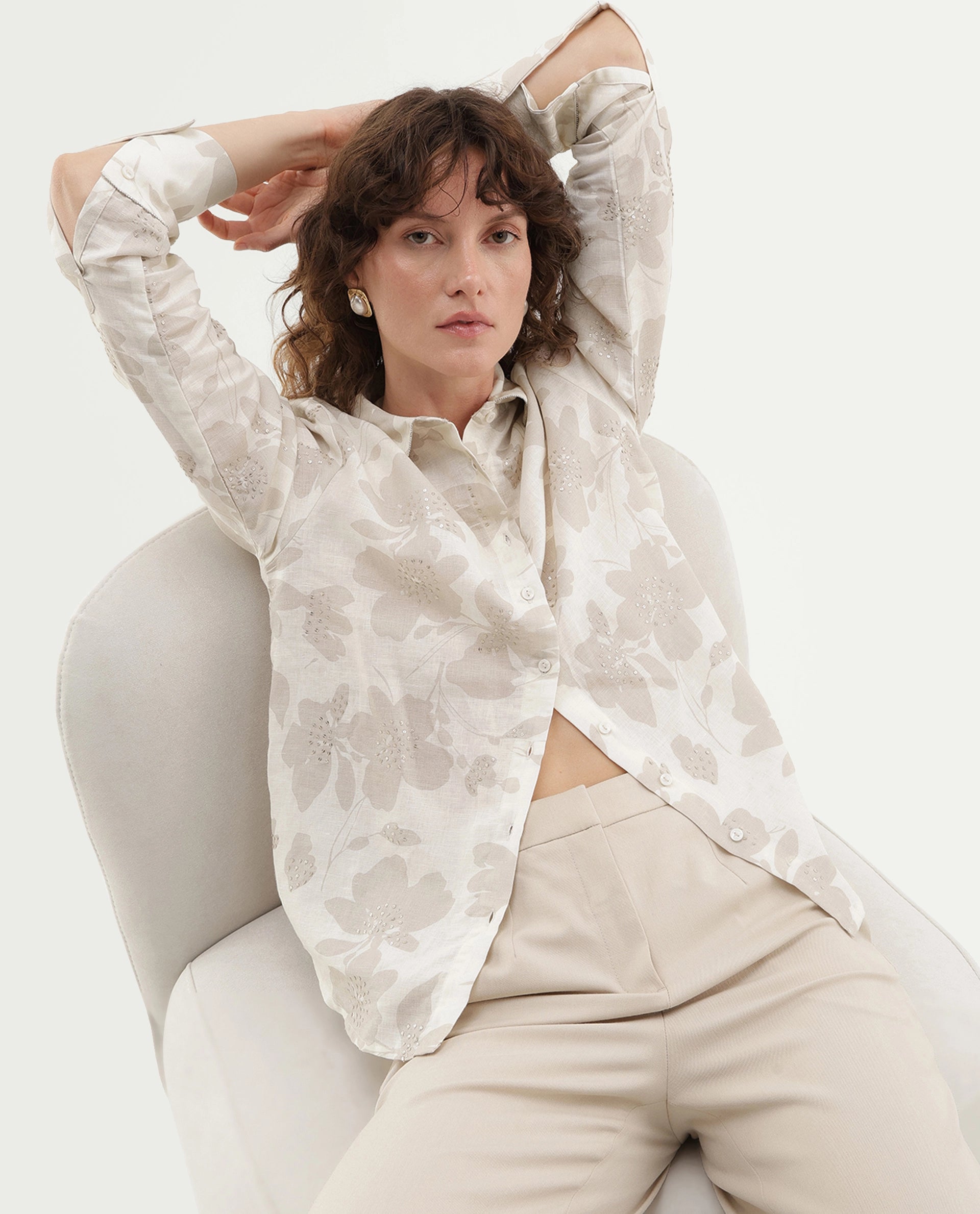 Rareism Women's Rubic Primary Beige Linen Blend Spread Collar Button Relaxed Floral Print Shirt