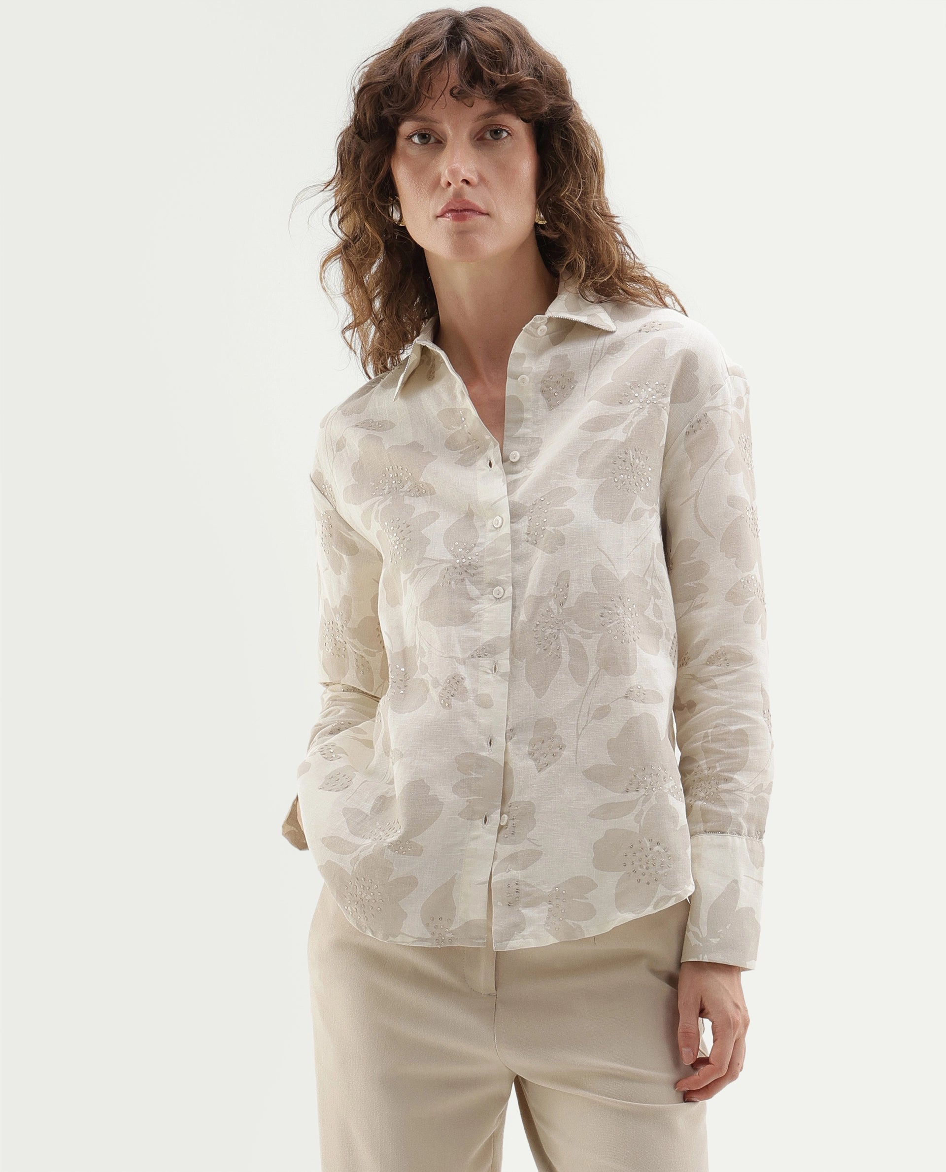 Rareism Women's Rubic Primary Beige Linen Blend Spread Collar Button Relaxed Floral Print Shirt