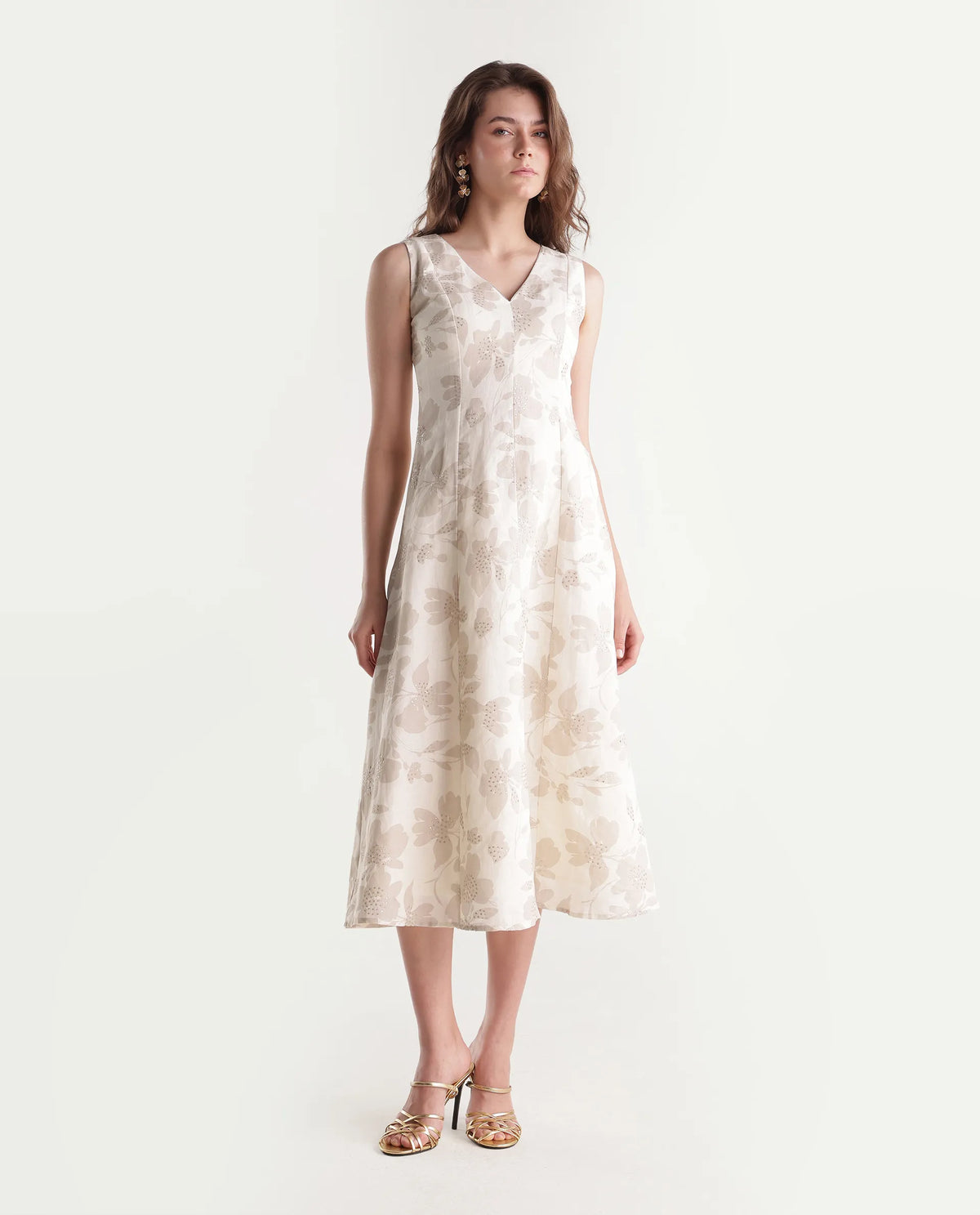 Rareism Women's Rubico Primary Beige Linen Blend V-Neck Zipper A-Line Floral Print Dress