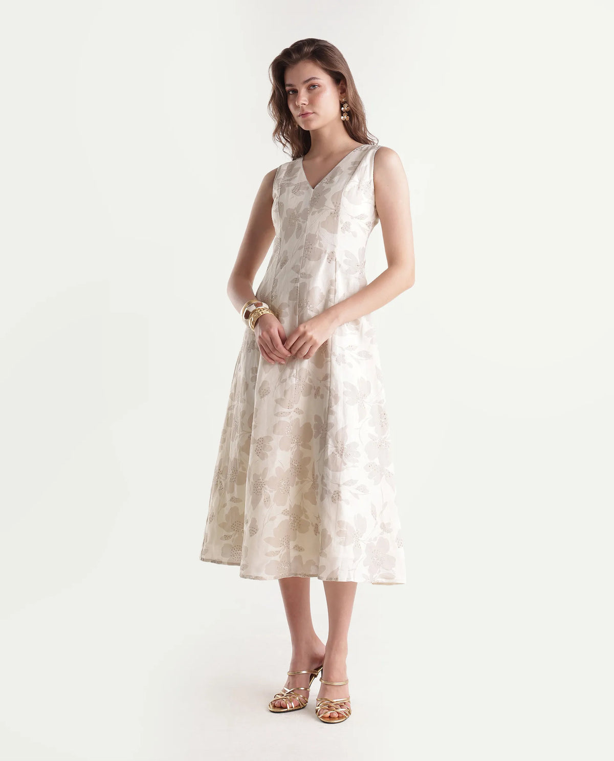 Rareism Women's Rubico Primary Beige Linen Blend V-Neck Zipper A-Line Floral Print Dress