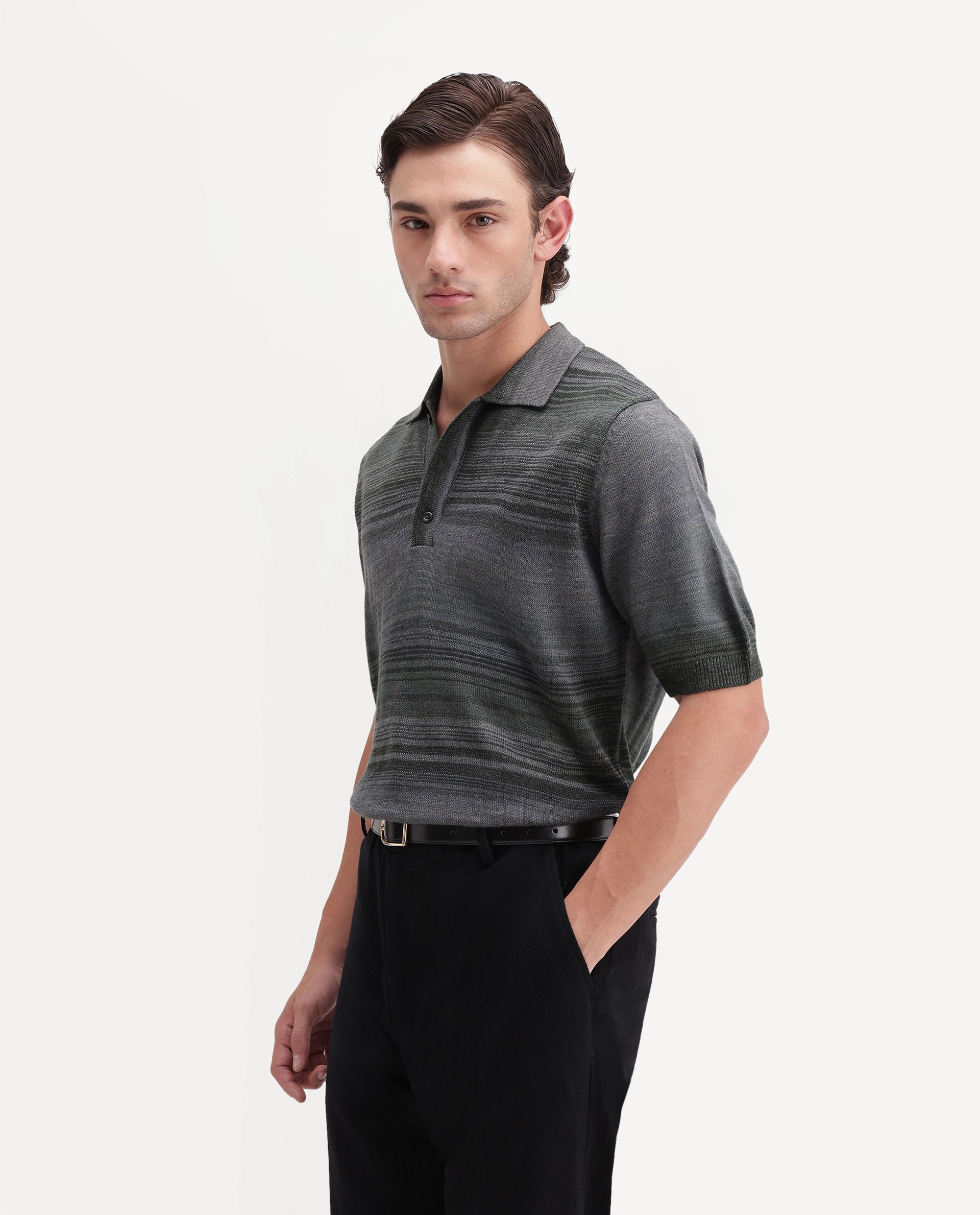 Rare Rabbit Men's Carto Dusky Green Acrylic Spread Collar Regular Jacquard Print Polo