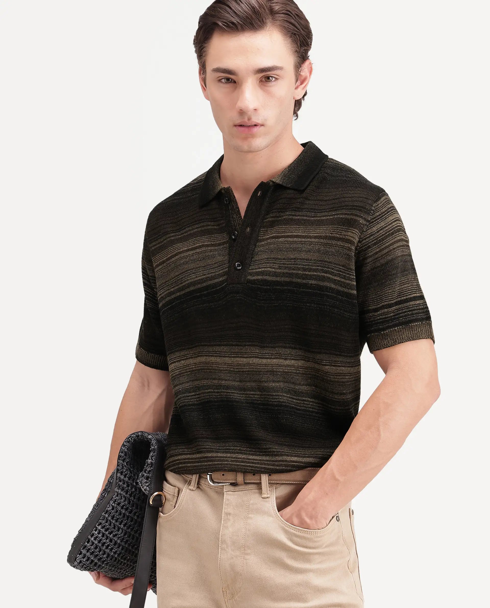 Rare Rabbit Men's Carto Primary Brown Acrylic Spread Collar Regular Jacquard Print Polo