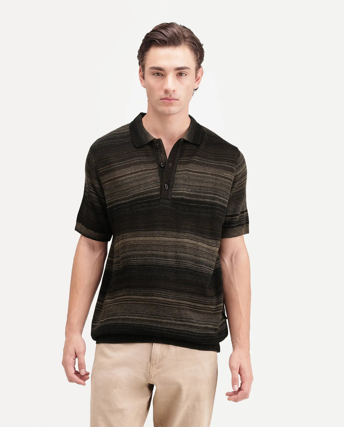 Rare Rabbit Men's Carto Primary Brown Acrylic Spread Collar Regular Jacquard Print Polo