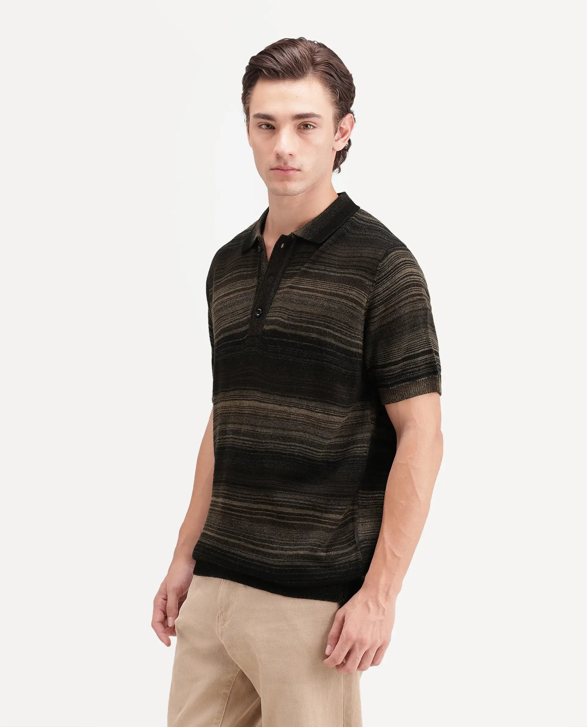 Rare Rabbit Men's Carto Primary Brown Acrylic Spread Collar Regular Jacquard Print Polo