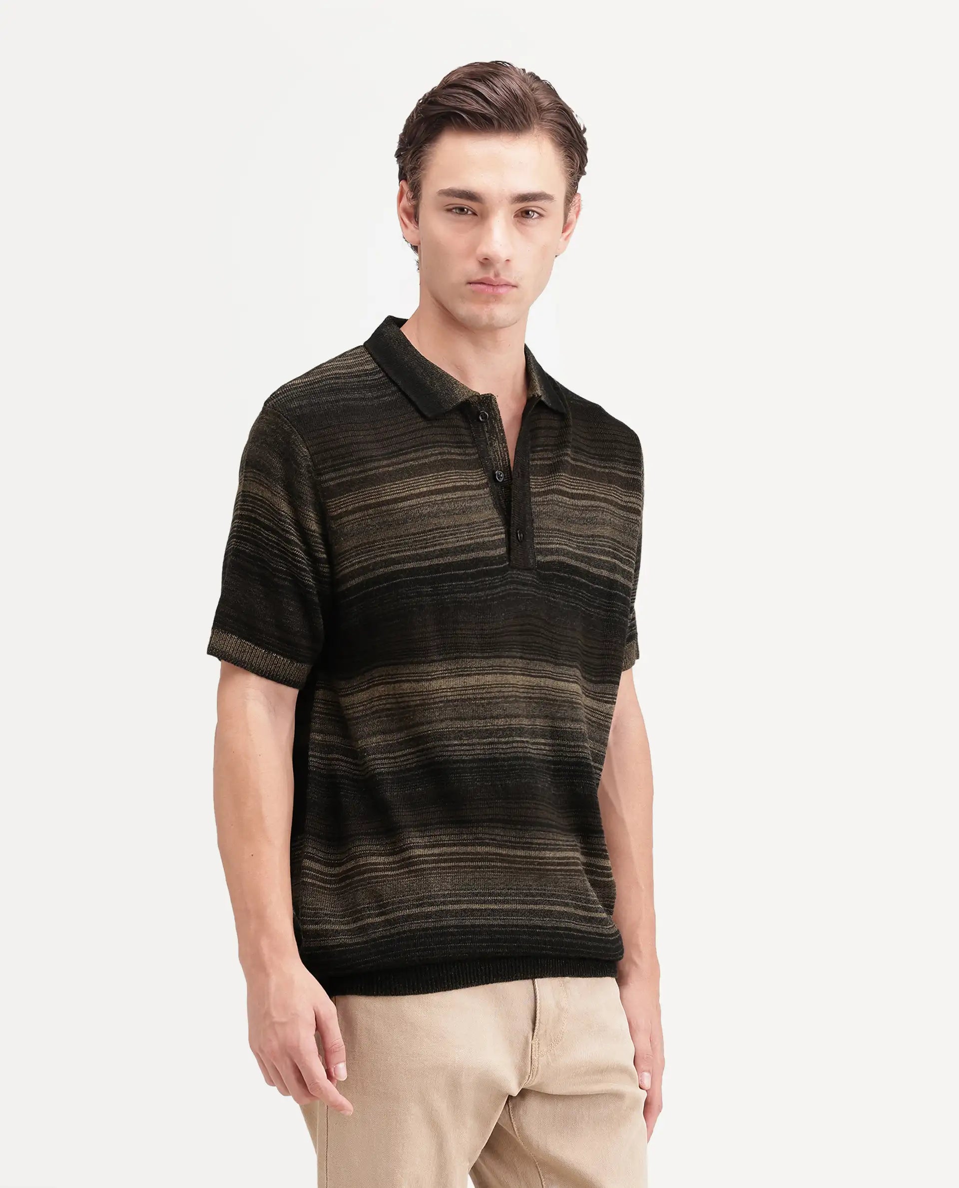 Rare Rabbit Men's Carto Primary Brown Acrylic Spread Collar Regular Jacquard Print Polo