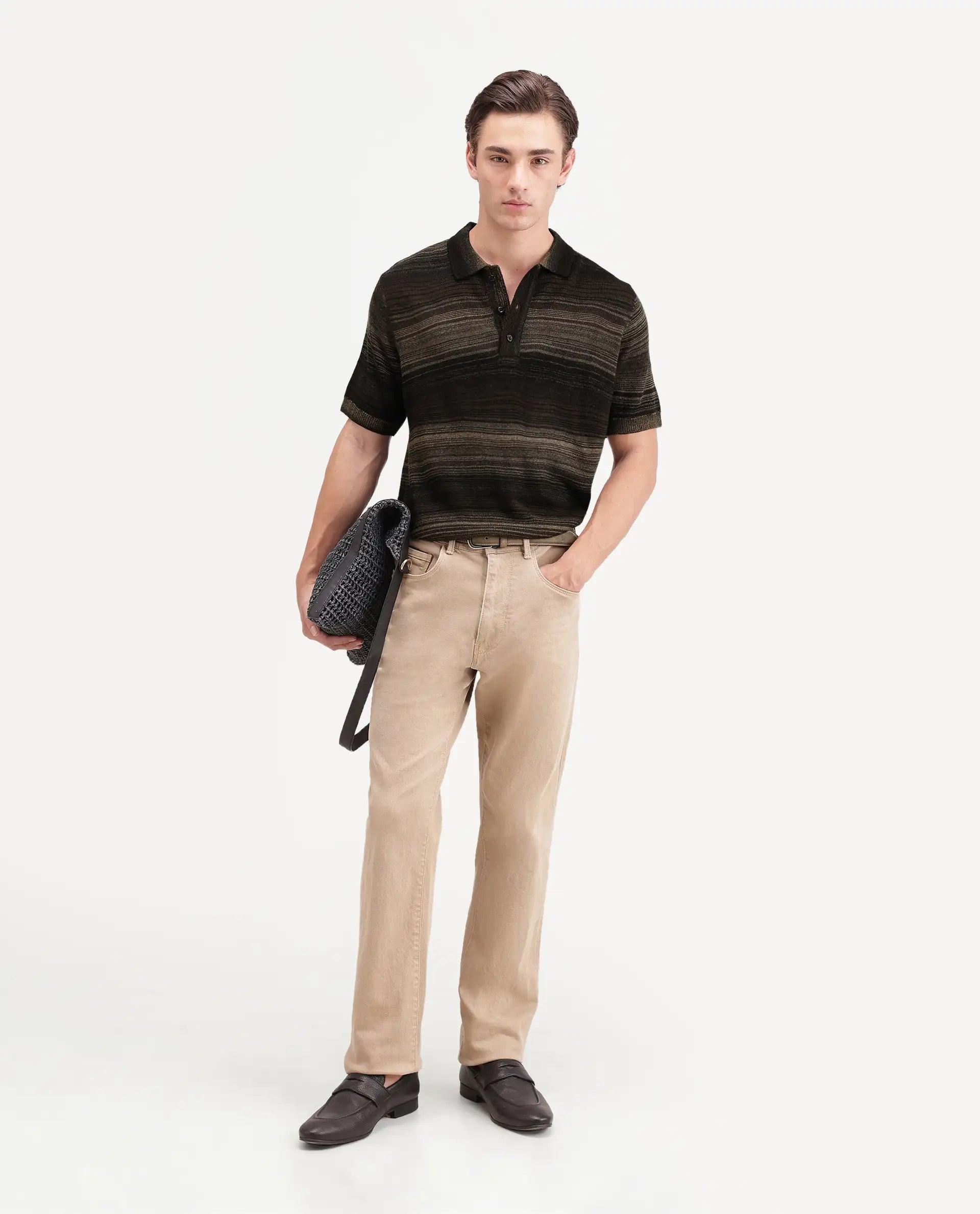 Rare Rabbit Men's Carto Primary Brown Acrylic Spread Collar Regular Jacquard Print Polo