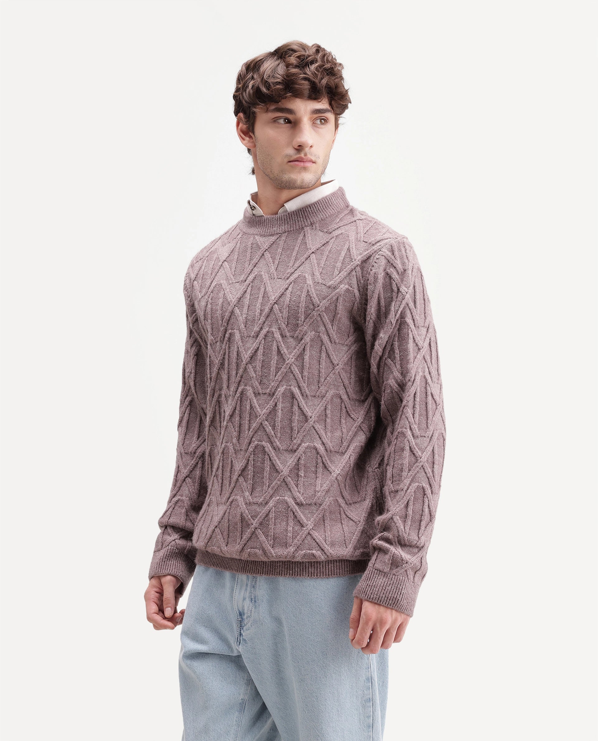 Rare Rabbit Men's Zayn Dusky Purple Acrylic Blend Crew Neck Regular Jacquard Print Sweater