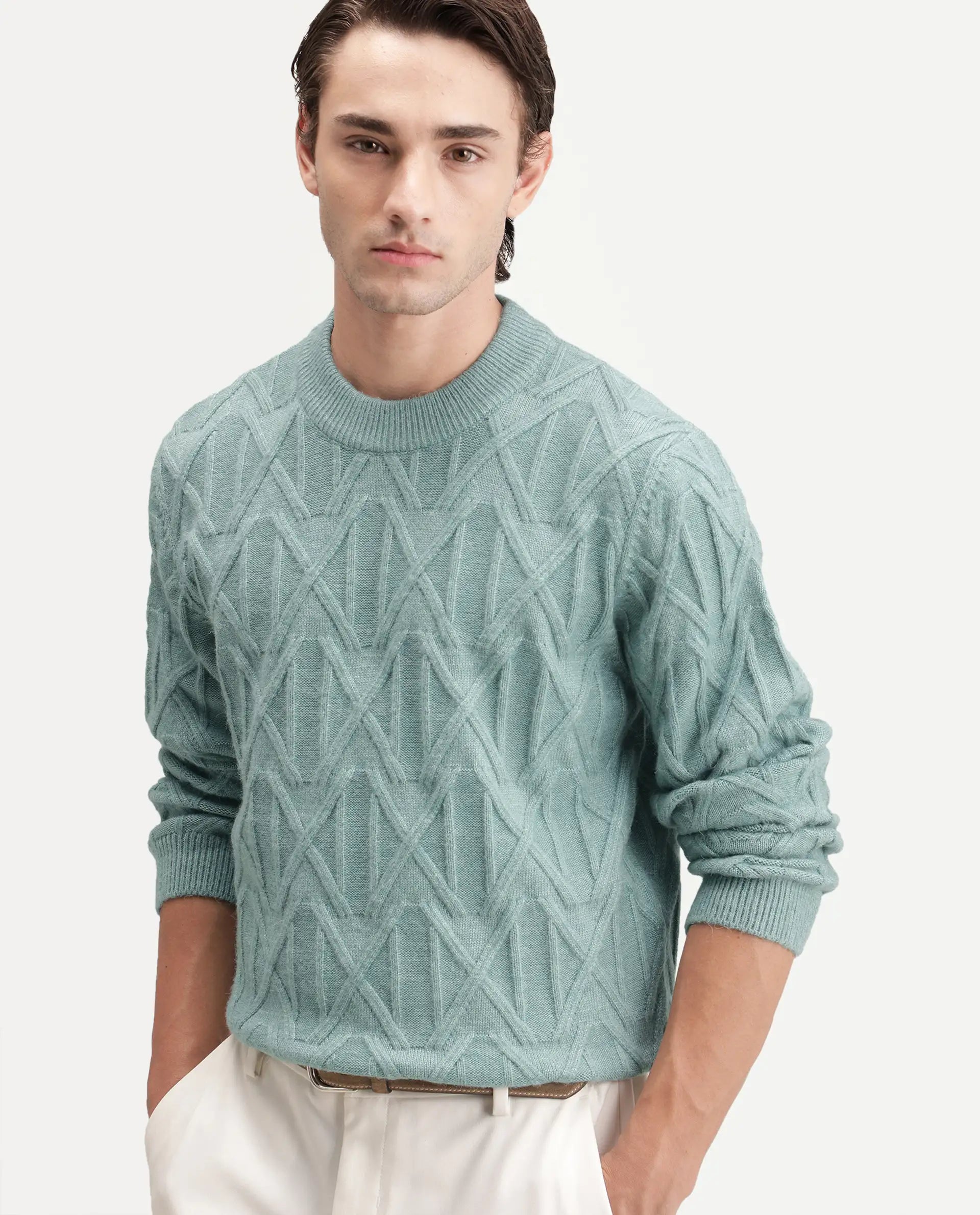 Rare Rabbit Men's Zayn Dusky Teal Acrylic Blend Crew Neck Regular Jacquard Sweater