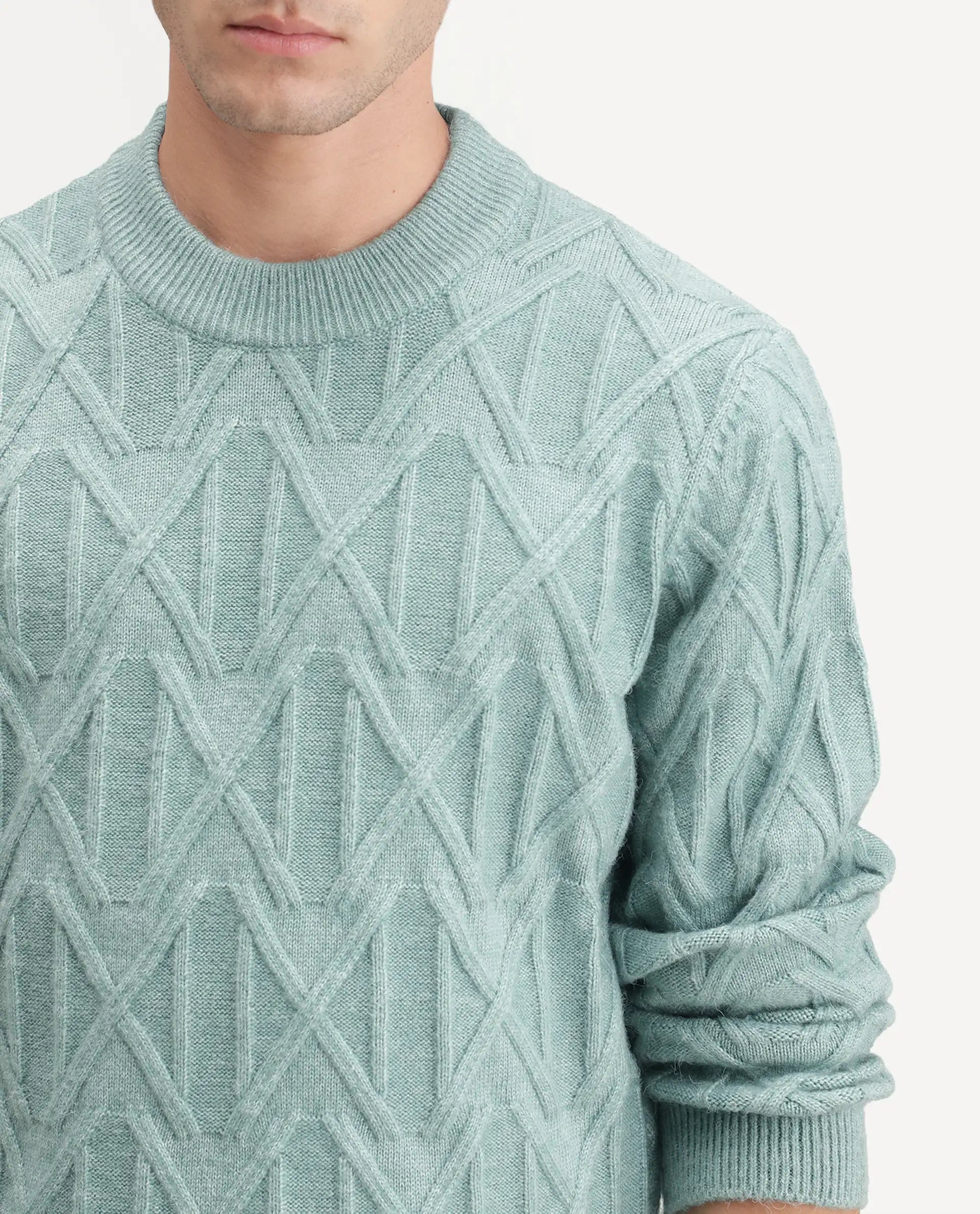Rare Rabbit Men's Zayn Dusky Teal Acrylic Blend Crew Neck Regular Jacquard Sweater
