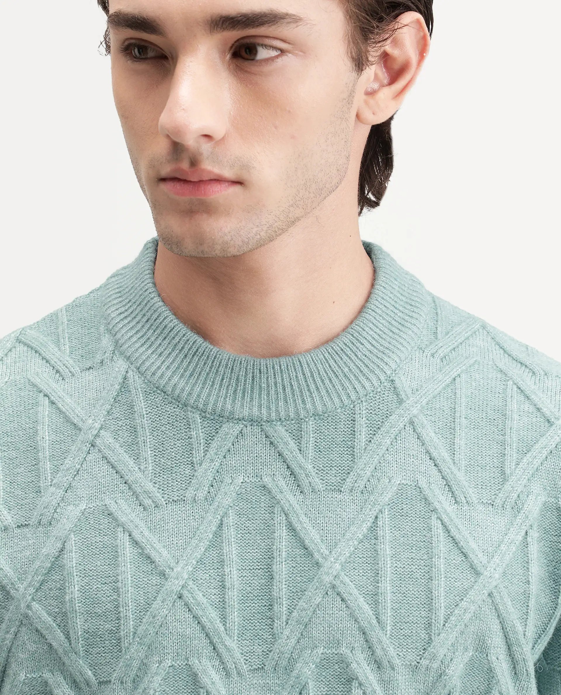 Rare Rabbit Men's Zayn Dusky Teal Acrylic Blend Crew Neck Regular Jacquard Sweater