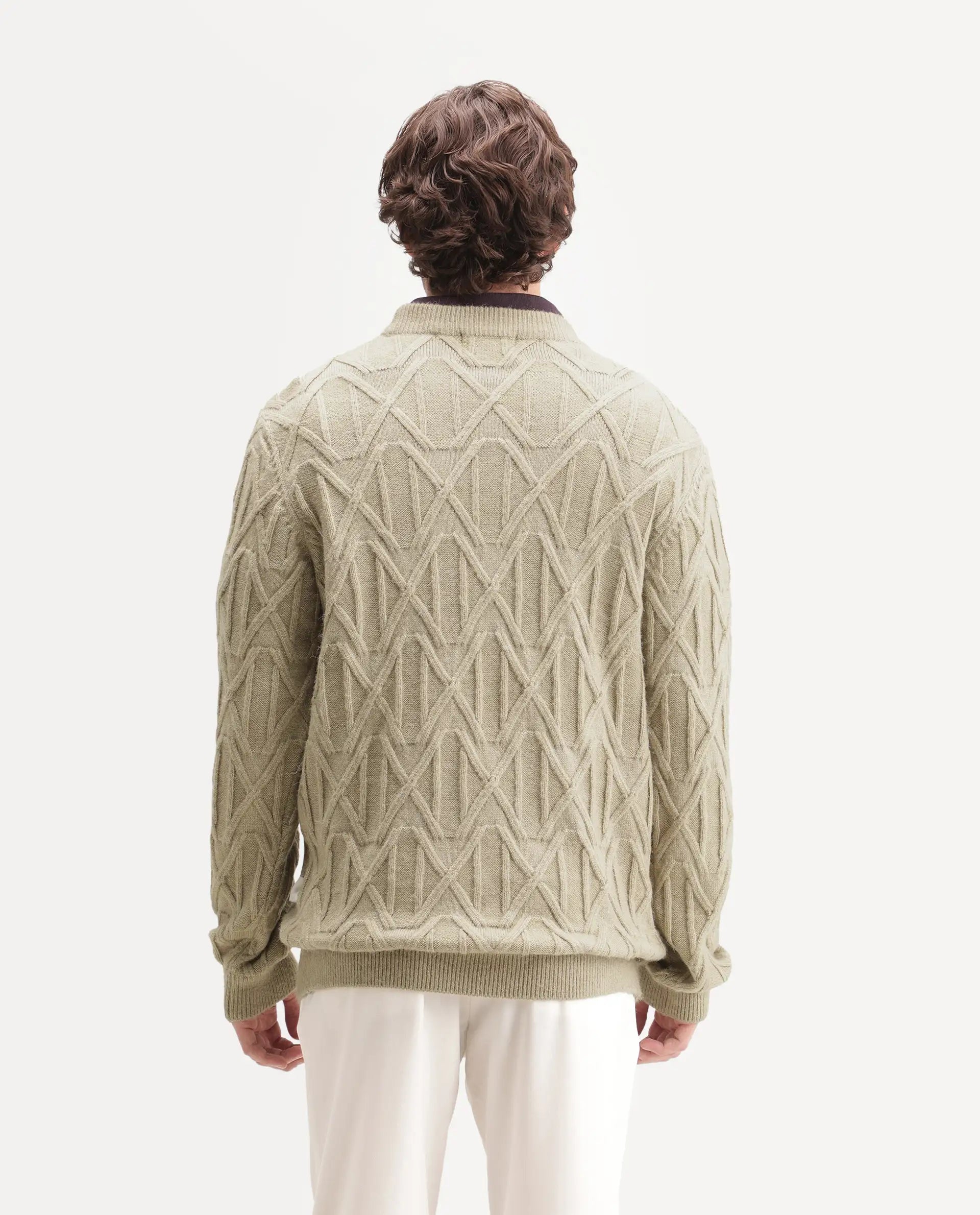 Rare Rabbit Men's Zayn Dusky Olive Acrylic Blend Crew Neck Regular Jacquard Print Sweater