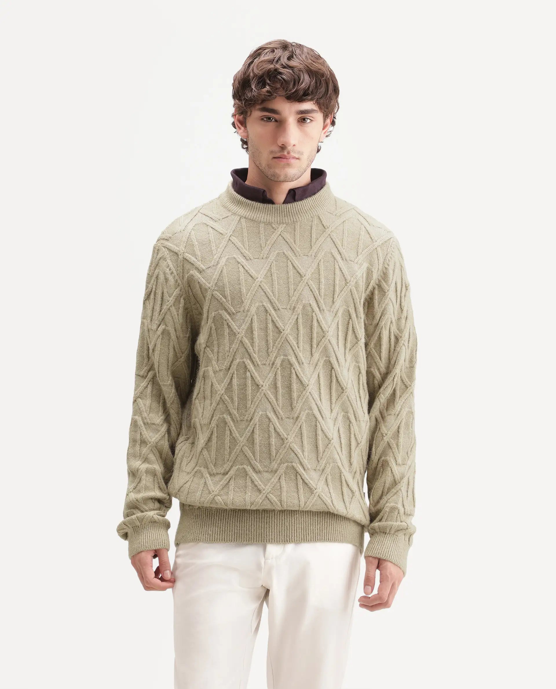 Rare Rabbit Men's Zayn Dusky Olive Acrylic Blend Crew Neck Regular Jacquard Print Sweater