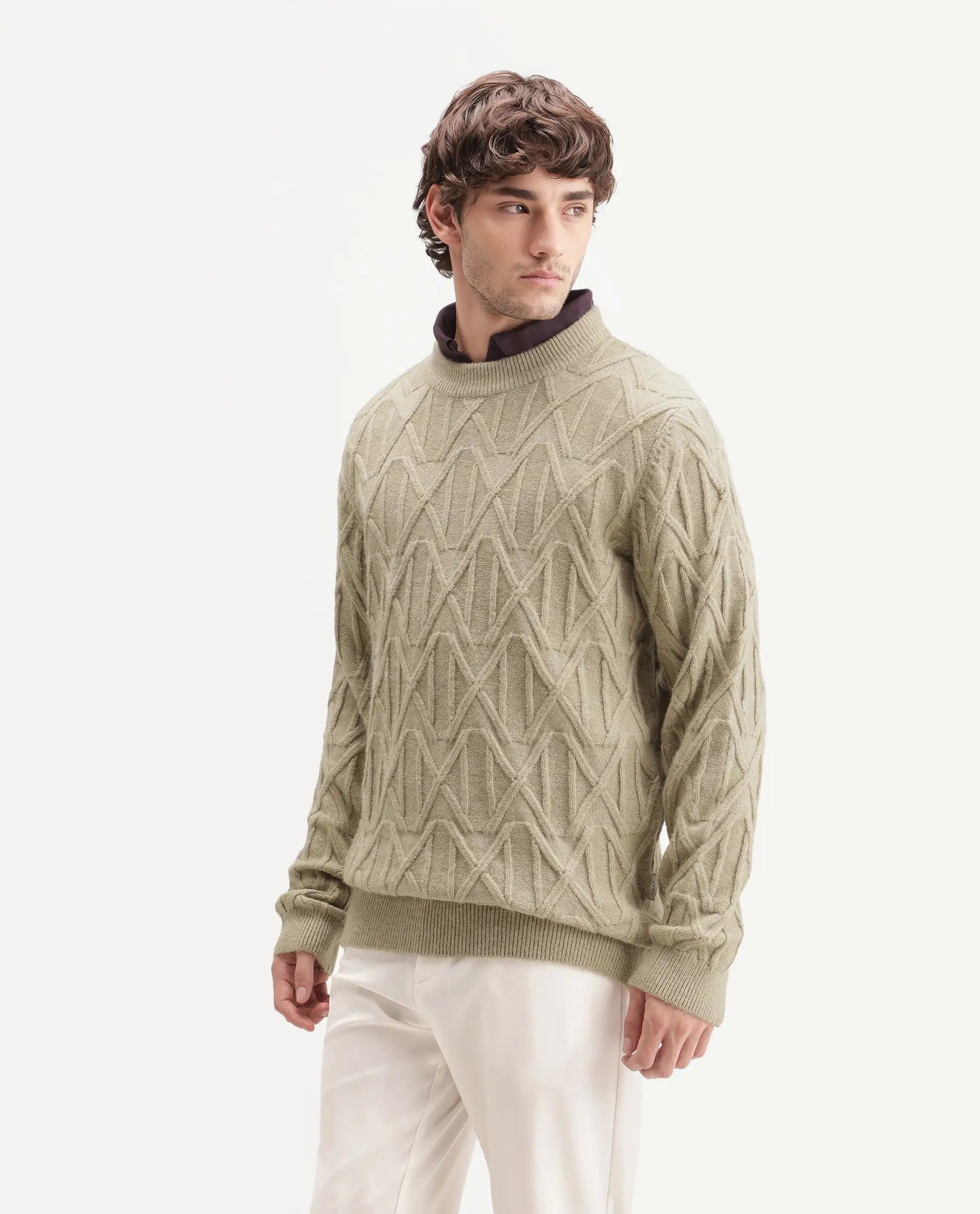 Rare Rabbit Men's Zayn Dusky Olive Acrylic Blend Crew Neck Regular Jacquard Print Sweater