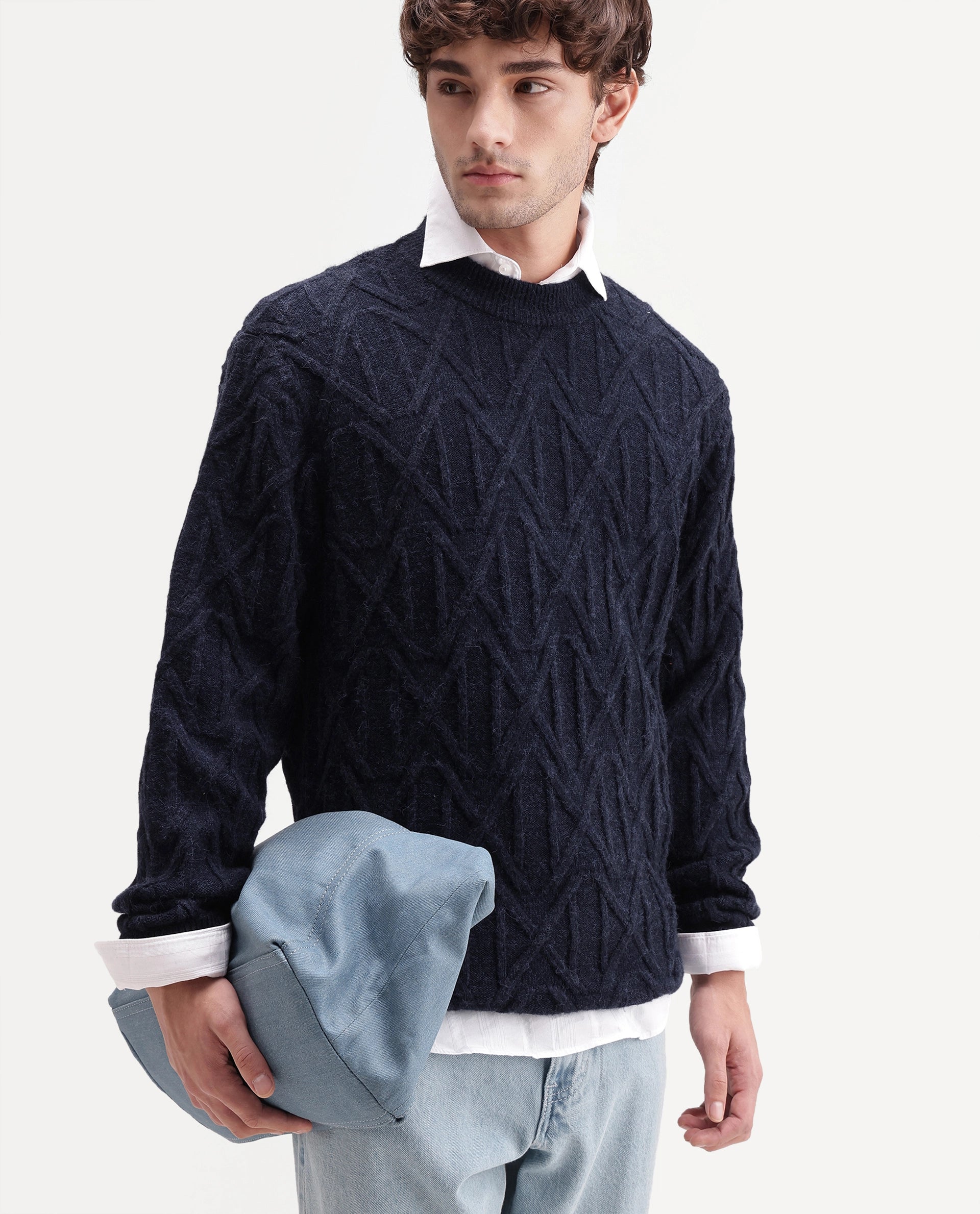 Rare Rabbit Men's Zayn Primary Navy Acrylic Blend Crew Neck Regular Jacquard Sweater