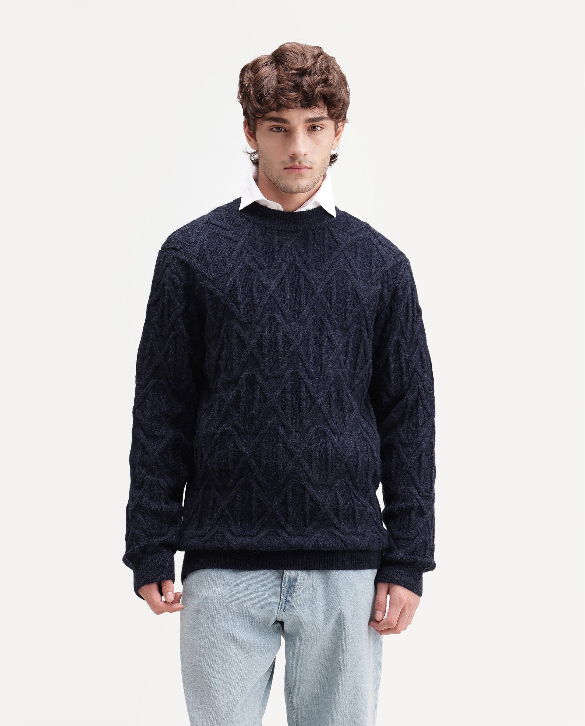 Rare Rabbit Men's Zayn Primary Navy Acrylic Blend Crew Neck Regular Jacquard Sweater