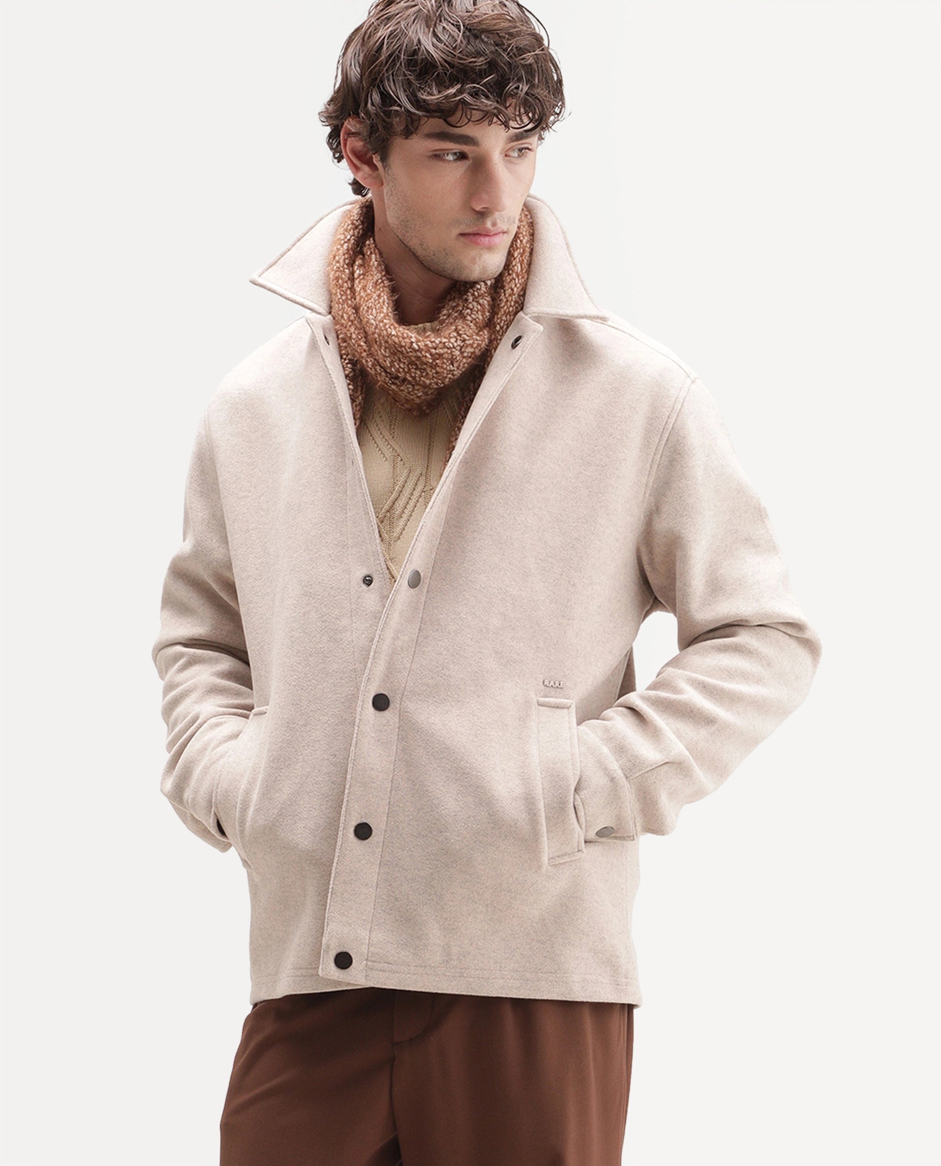 Rare Rabbit Men's Mahu Primary Beige Linen Blend Spread Collar Snap Regular Plain Jacket