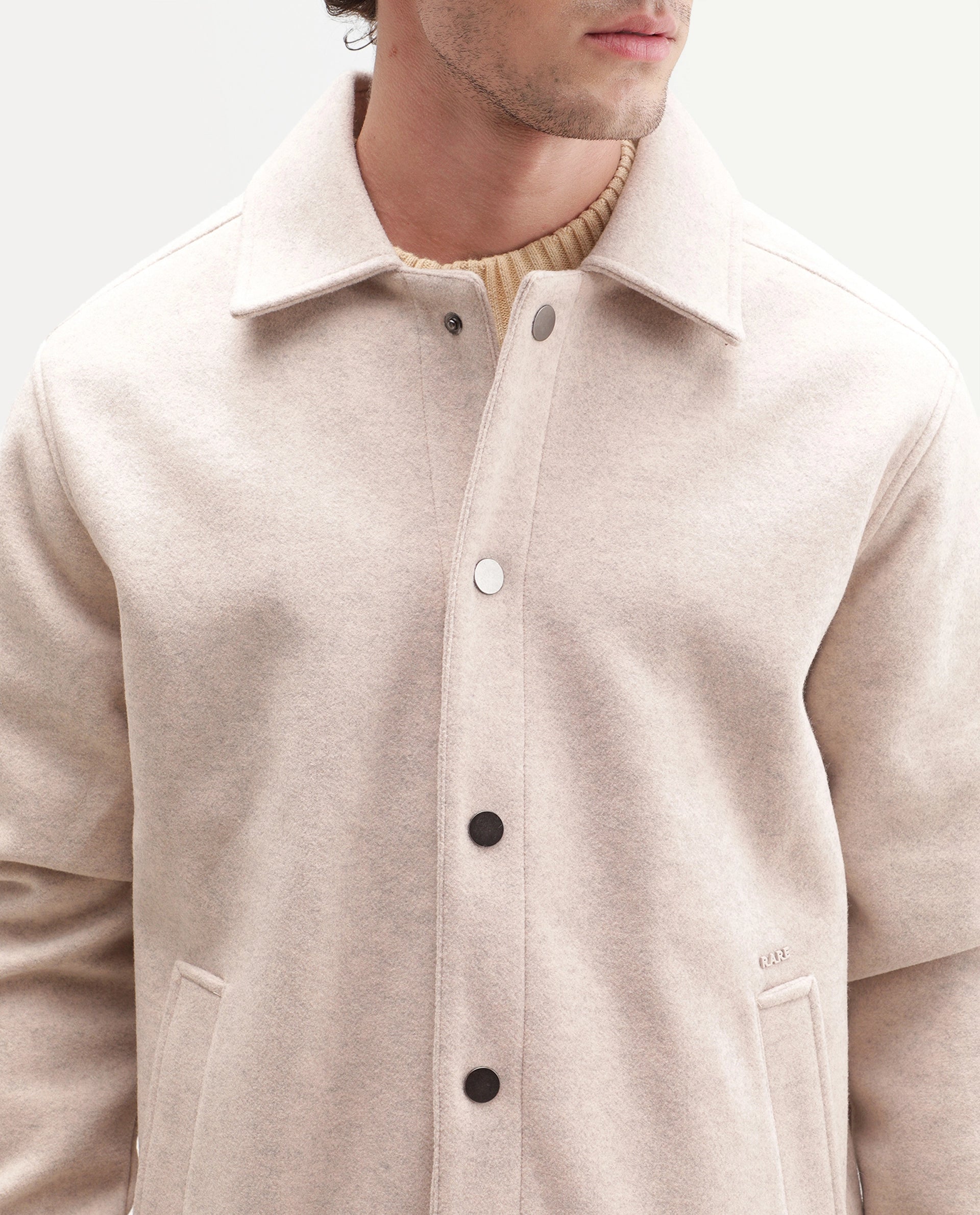Rare Rabbit Men's Mahu Primary Beige Linen Blend Spread Collar Snap Regular Plain Jacket