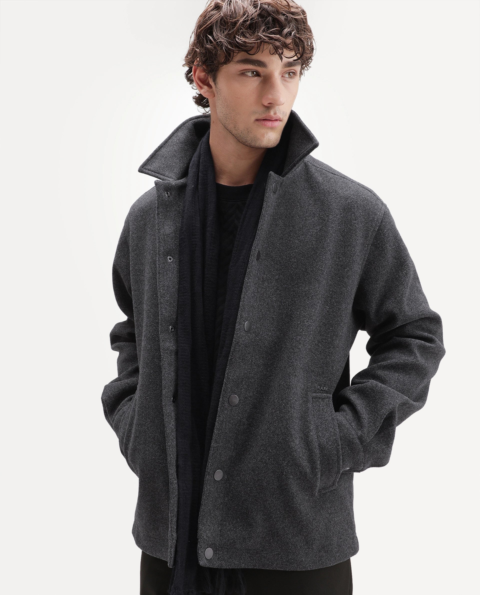 Rare Rabbit Men's Mahu Primary Grey Linen Blend Spread Collar Snap Regular Plain Jacket