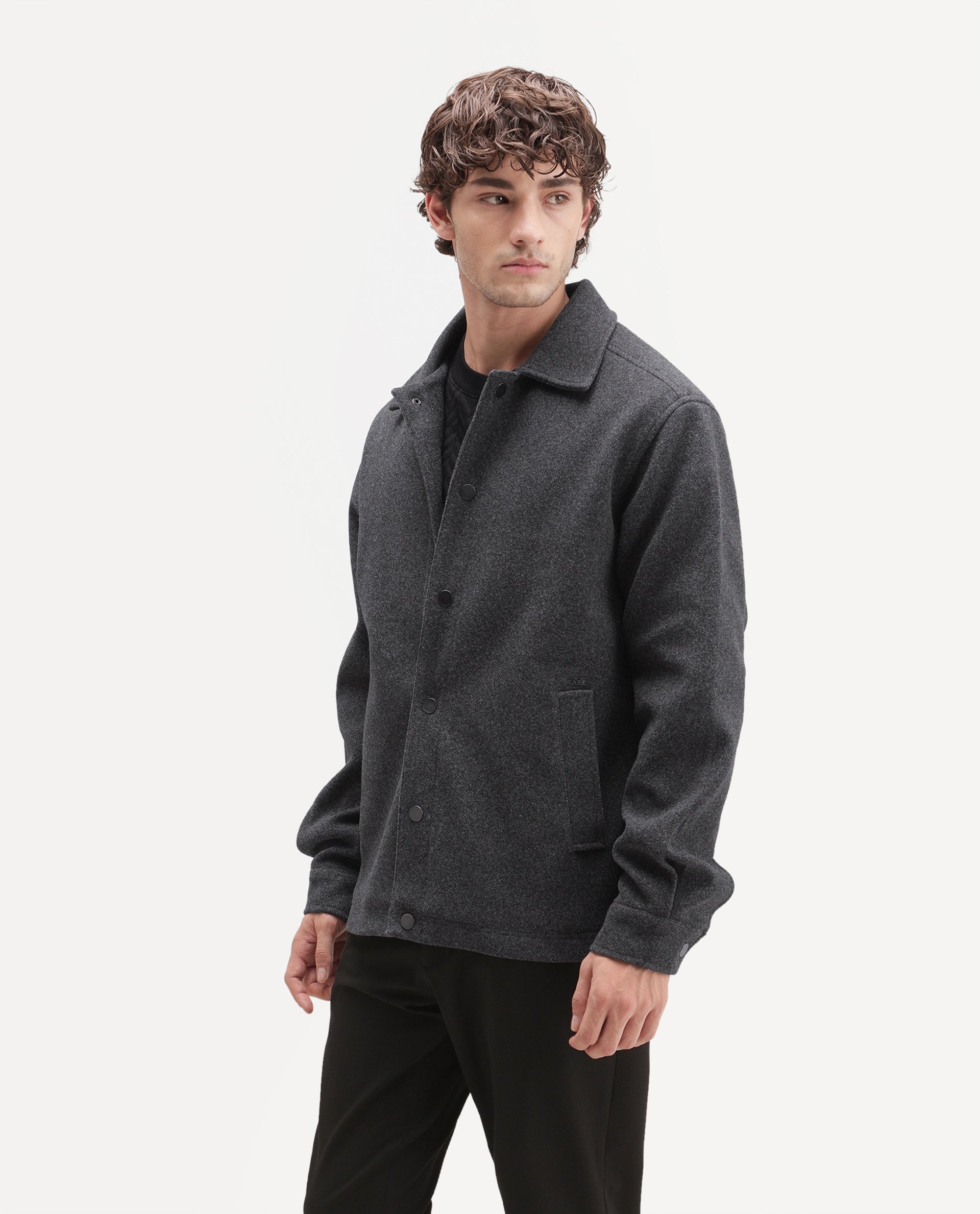 Rare Rabbit Men's Mahu Primary Grey Linen Blend Spread Collar Snap Regular Plain Jacket