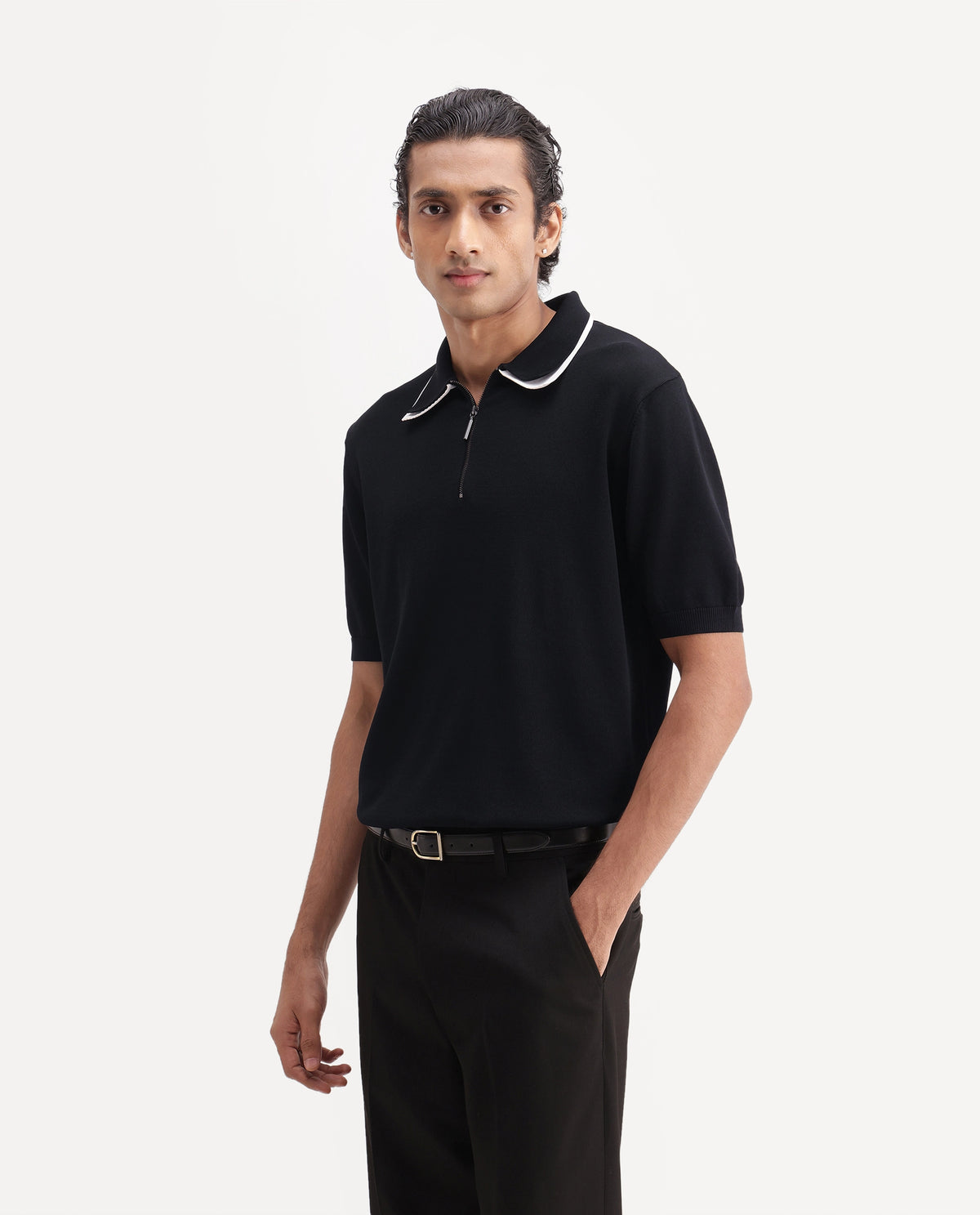 Rare Rabbit Men's Soren Black Viscose Blend Spread Collar Regular Plain Polo - image 6