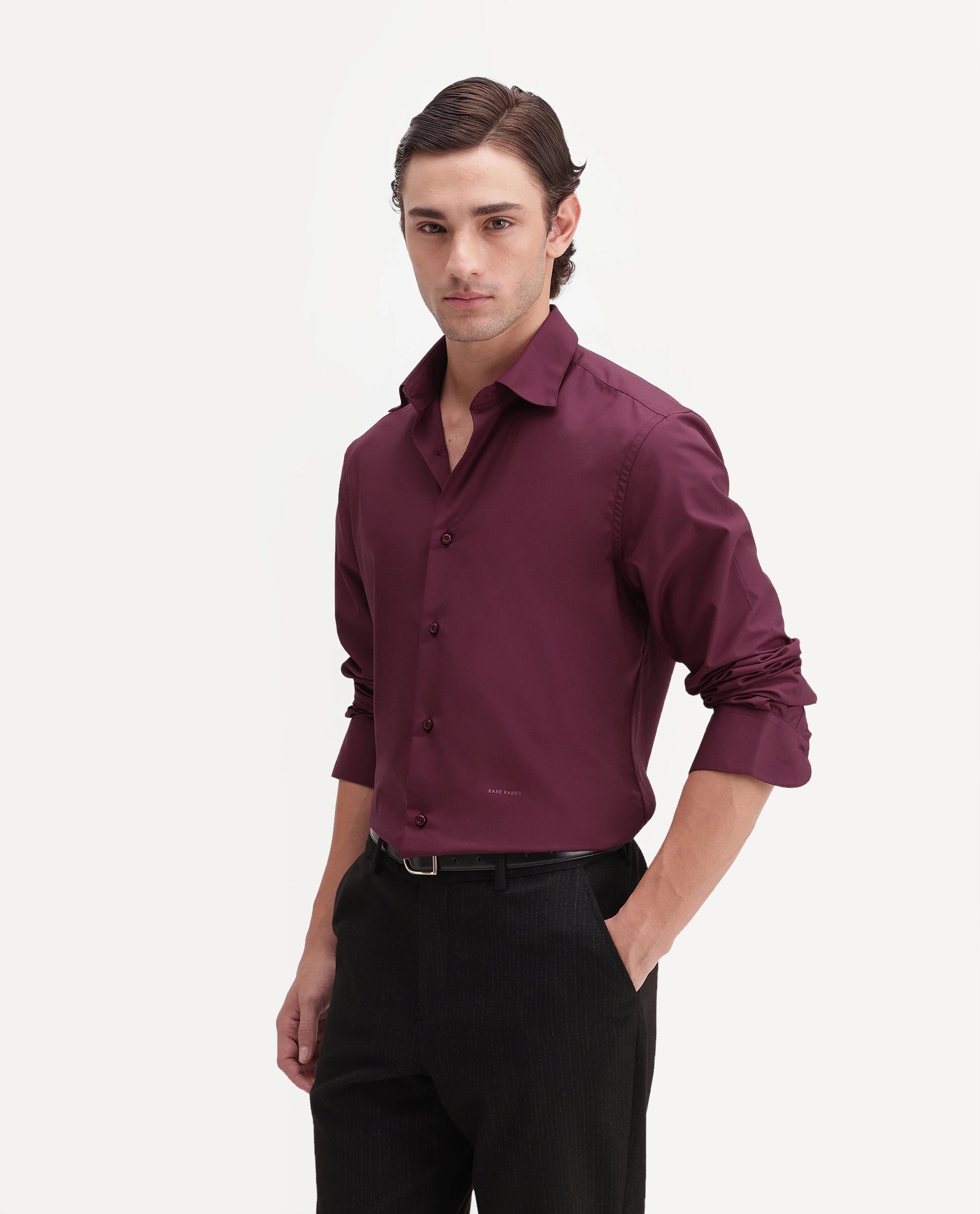 Rare Rabbit Men's Rovin Primary Maroon Polyester Blend Spread Collar Button Regular Plain Shirt