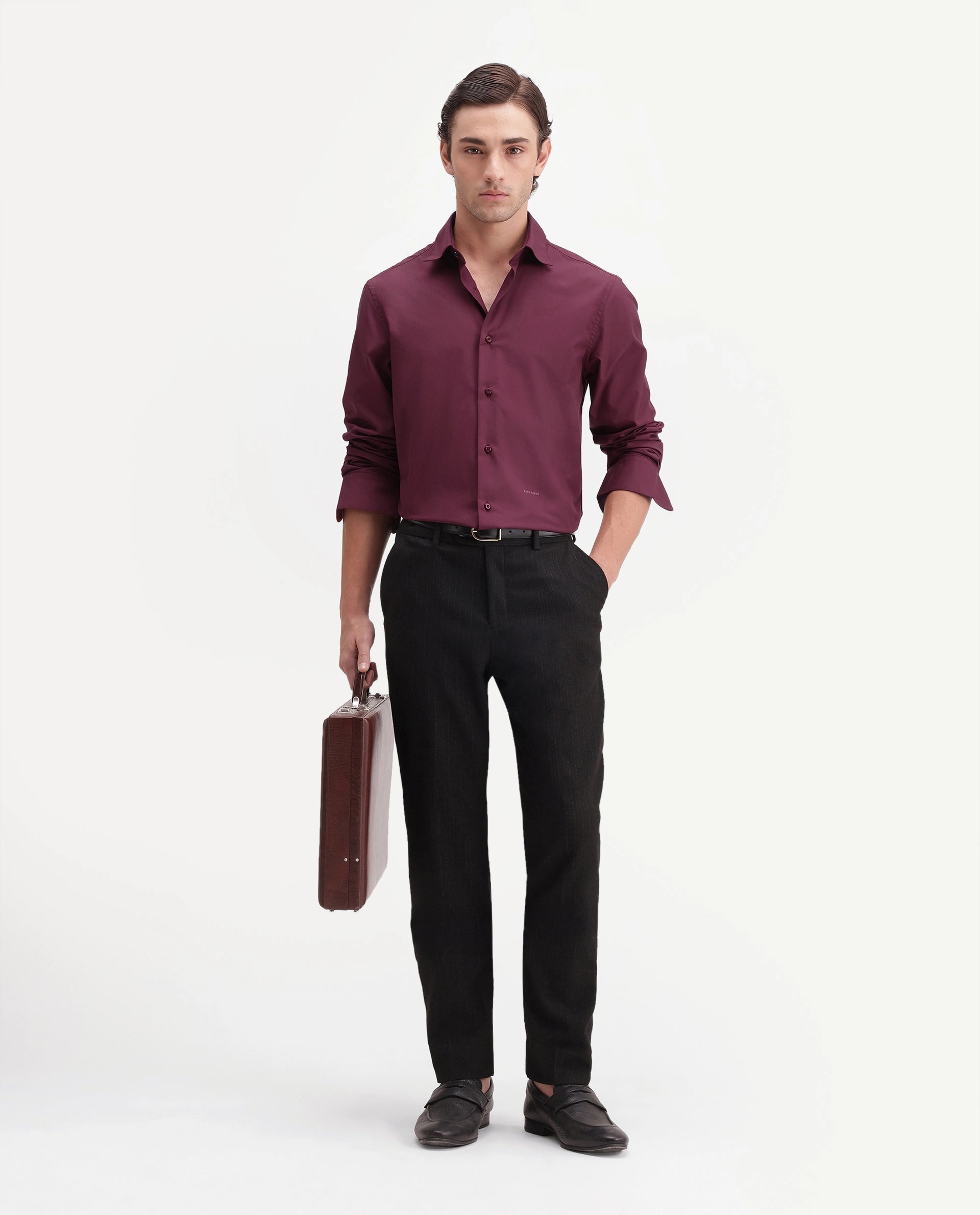 Rare Rabbit Men's Rovin Primary Maroon Polyester Blend Spread Collar Button Regular Plain Shirt