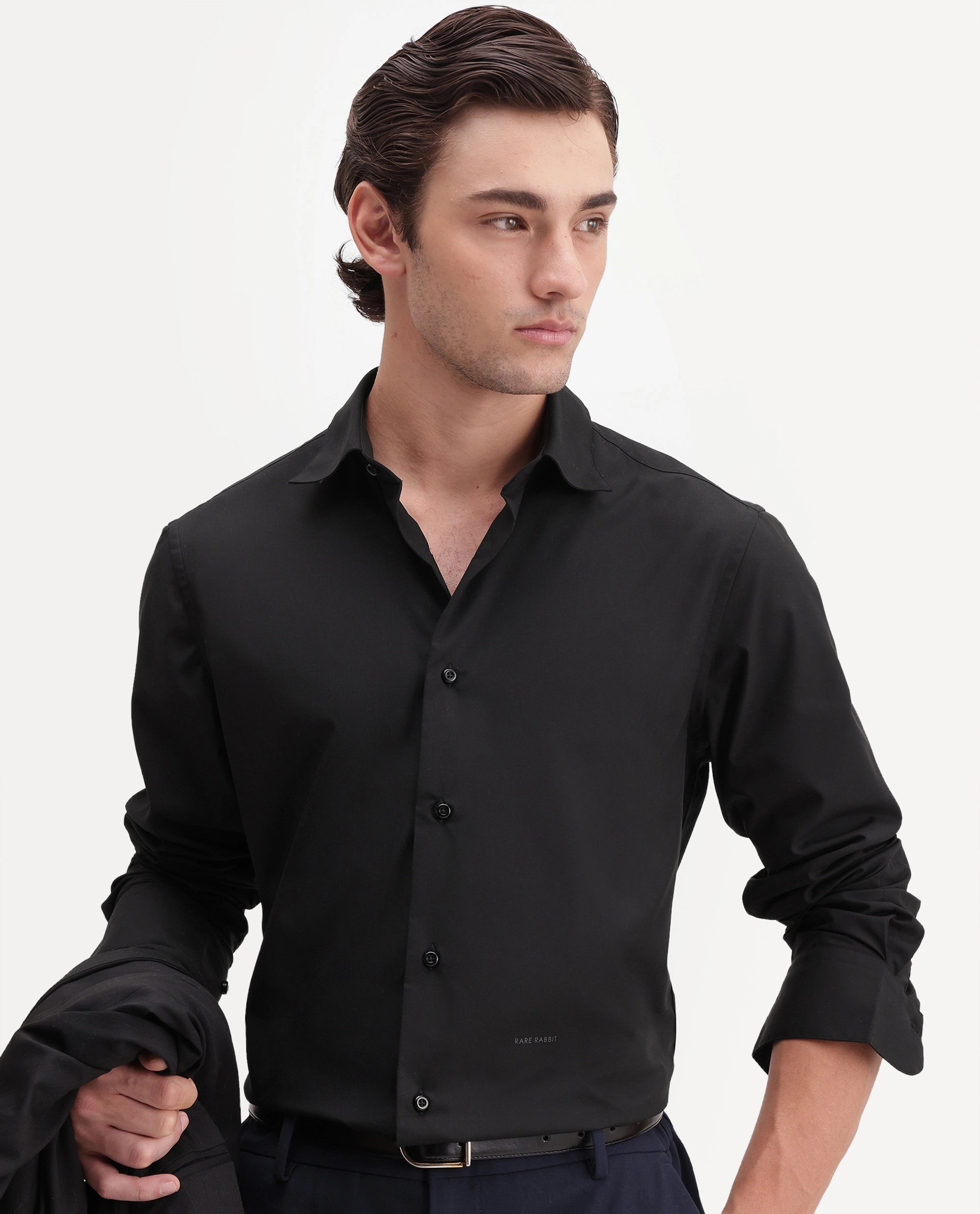 Rare Rabbit Men's Rovin Primary Black Polyester Blend Spread Collar Button Regular Plain Shirt