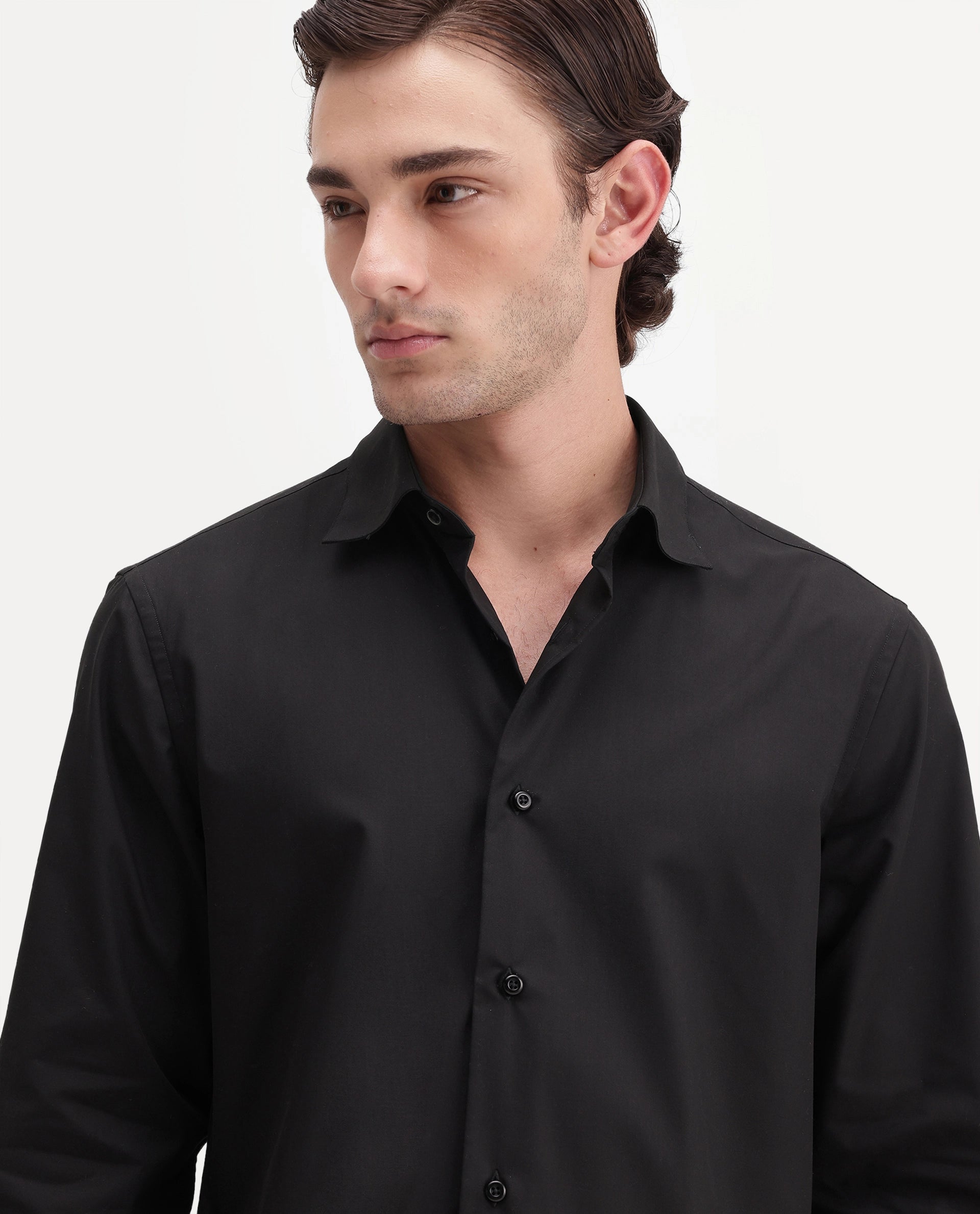 Rare Rabbit Men's Rovin Primary Black Polyester Blend Spread Collar Button Regular Plain Shirt