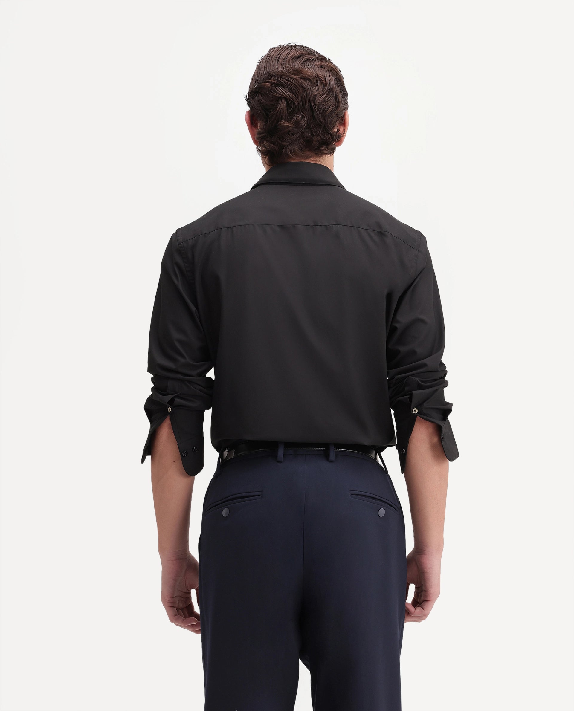 Rare Rabbit Men's Rovin Primary Black Polyester Blend Spread Collar Button Regular Plain Shirt