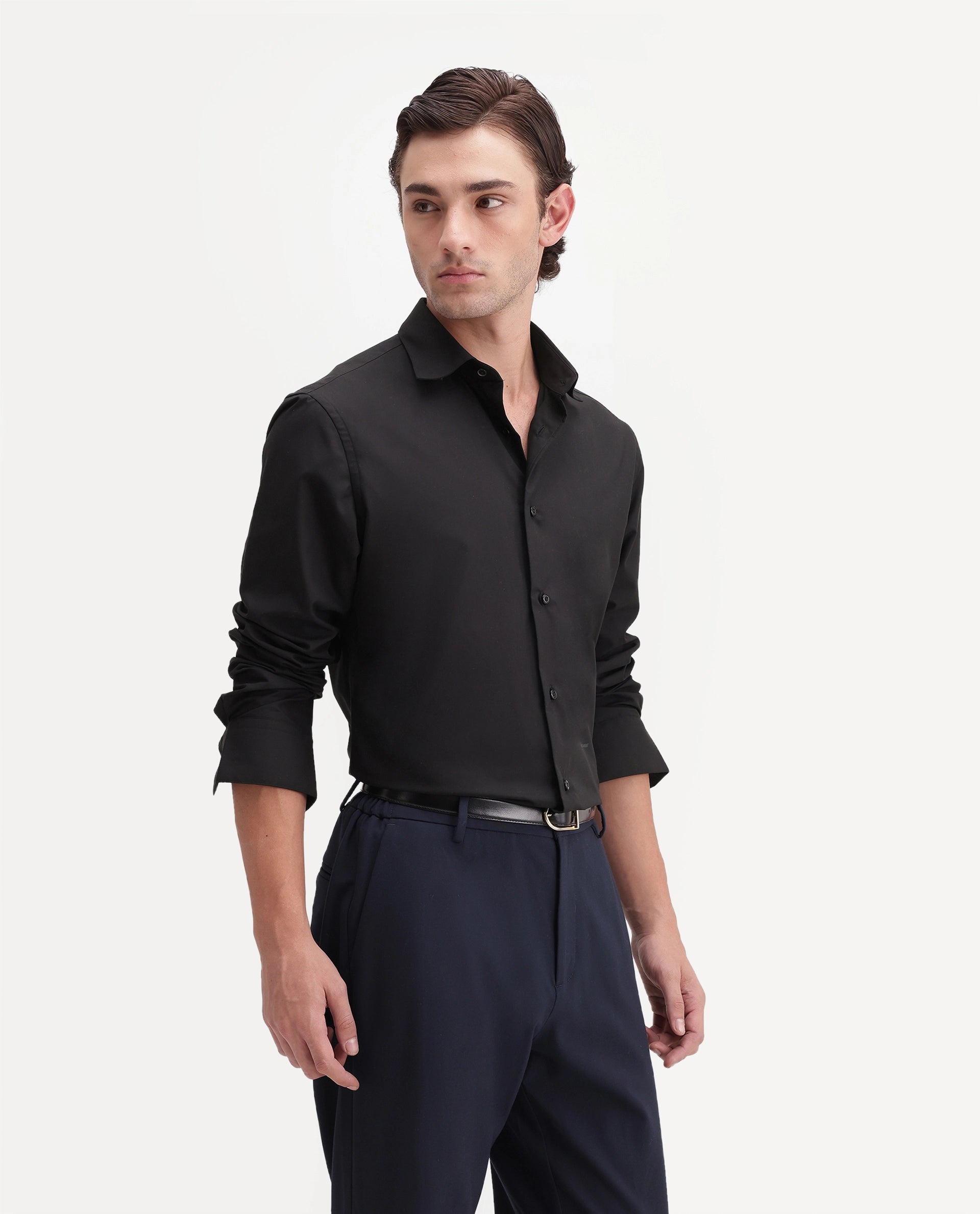 Rare Rabbit Men's Rovin Primary Black Polyester Blend Spread Collar Button Regular Plain Shirt