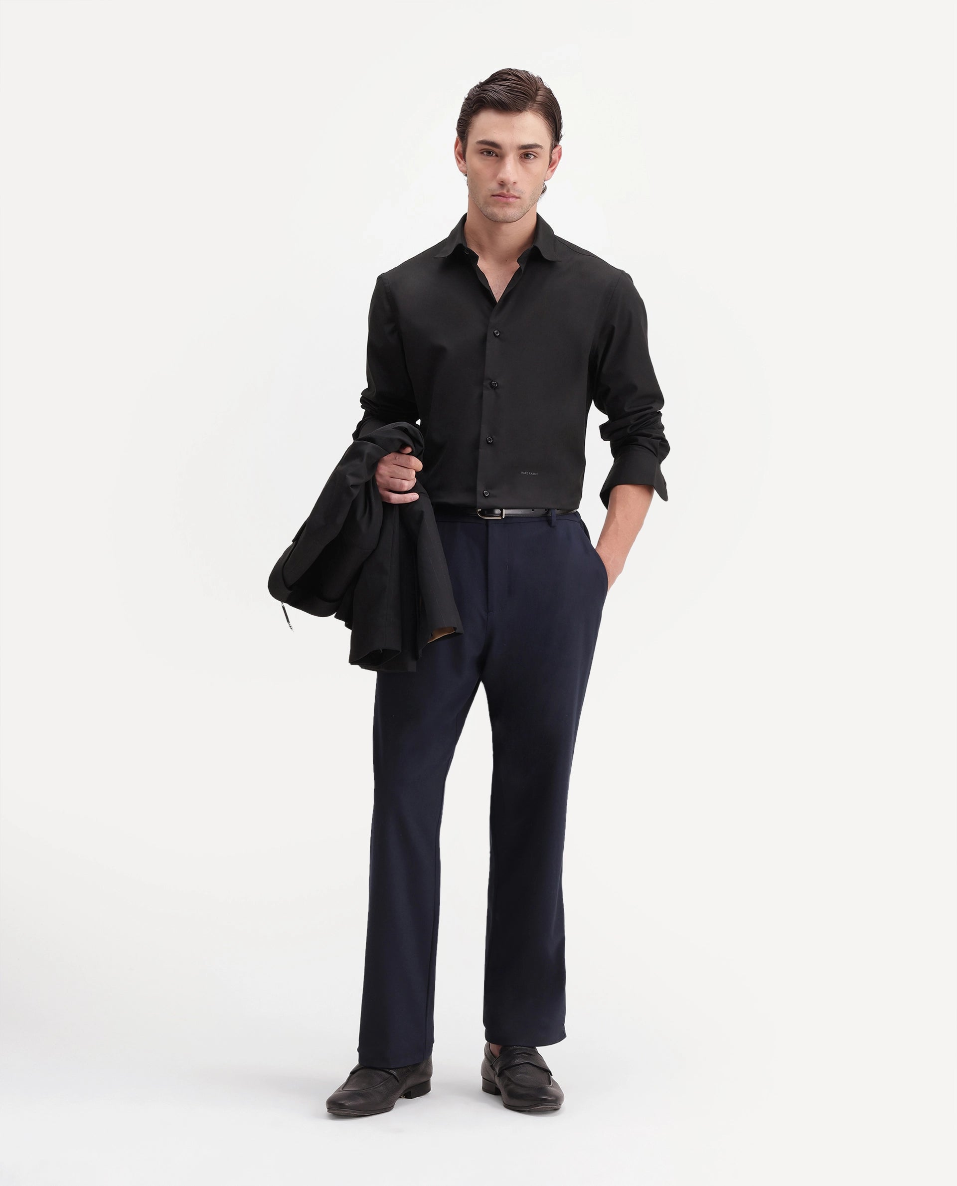Rare Rabbit Men's Rovin Primary Black Polyester Blend Spread Collar Button Regular Plain Shirt