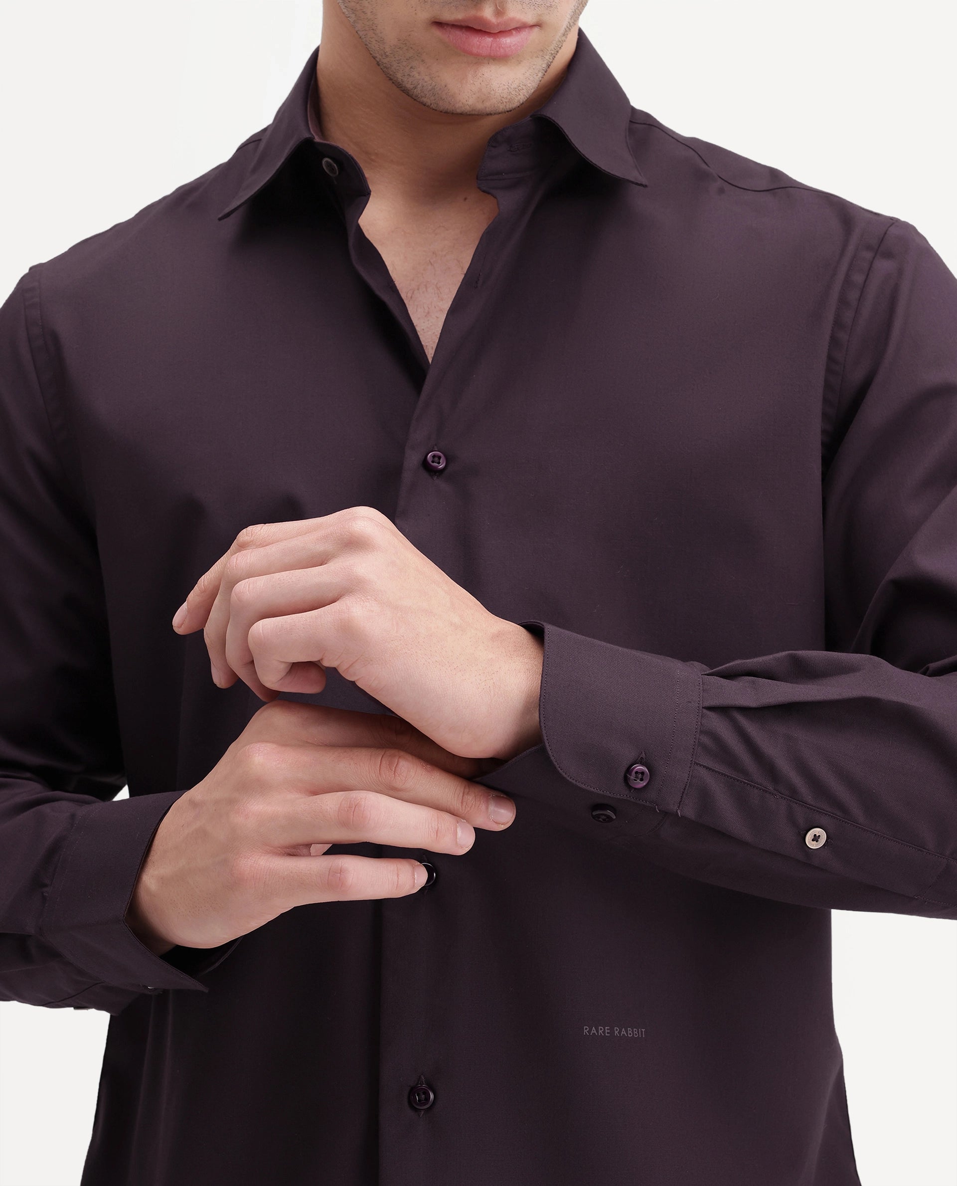 Rare Rabbit Men's Rovin Dark Brown Polyester Blend Spread Collar Button Regular Plain Shirt