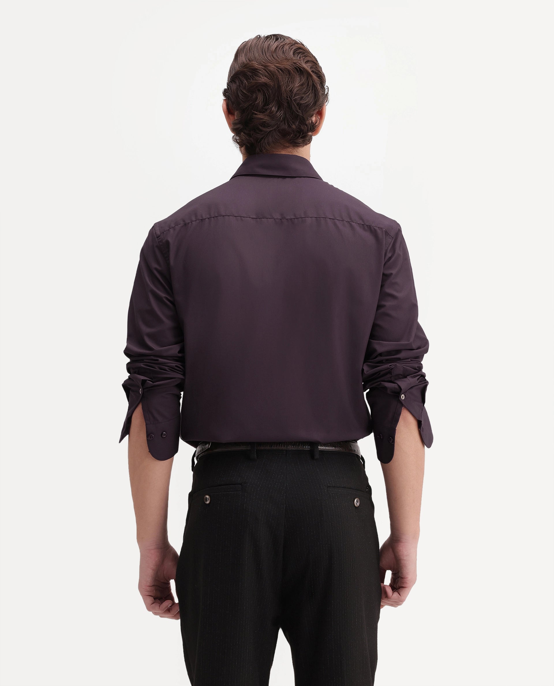 Rare Rabbit Men's Rovin Dark Brown Polyester Blend Spread Collar Button Regular Plain Shirt